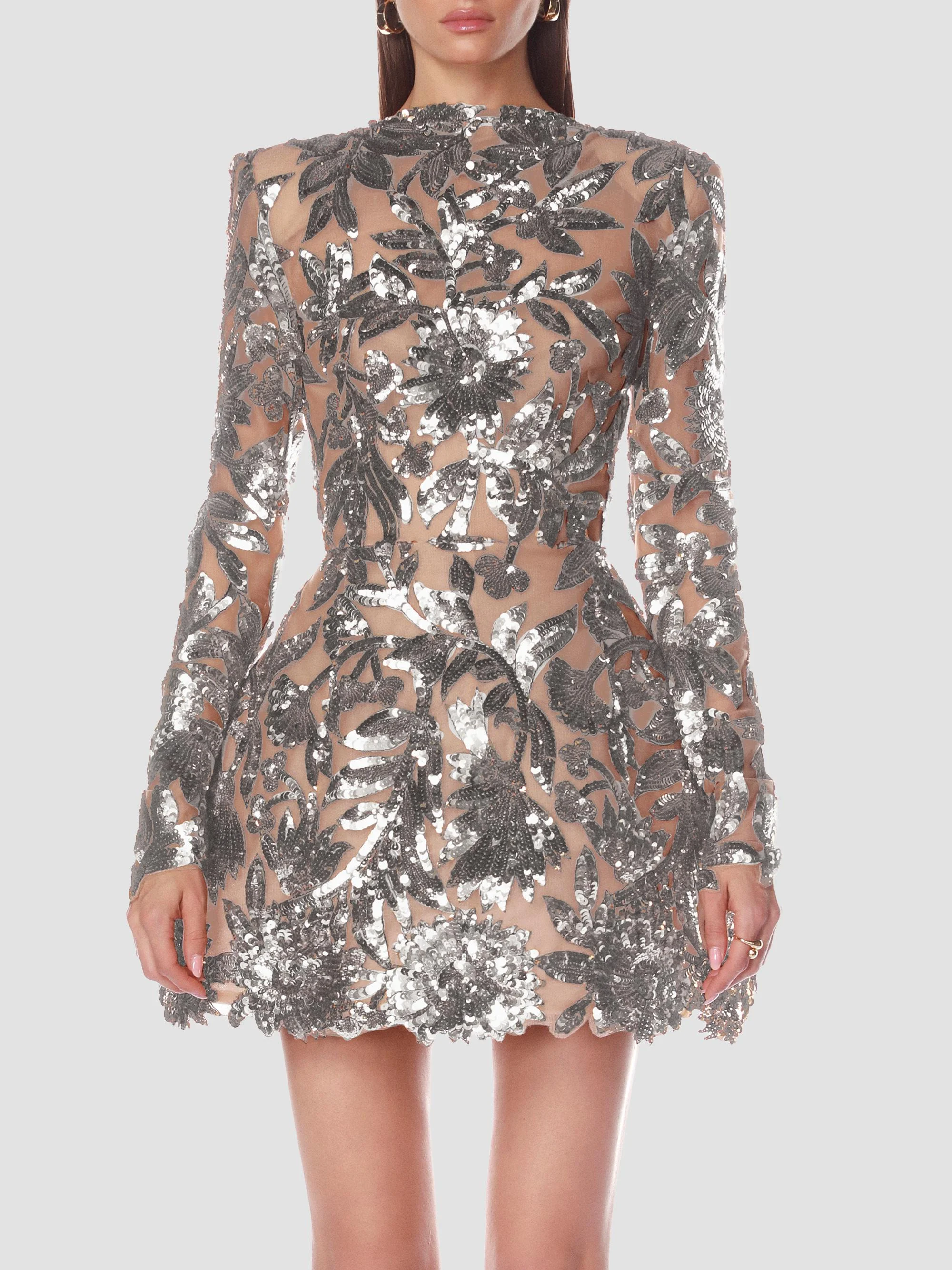 Women's Sequined Floral Long-Sleeve Mini Dress - Silver - 1