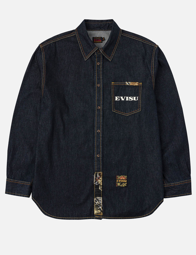 Multi-pocket and Barcode Seagull Embroidery Regular Fit Denim Shirt - 1