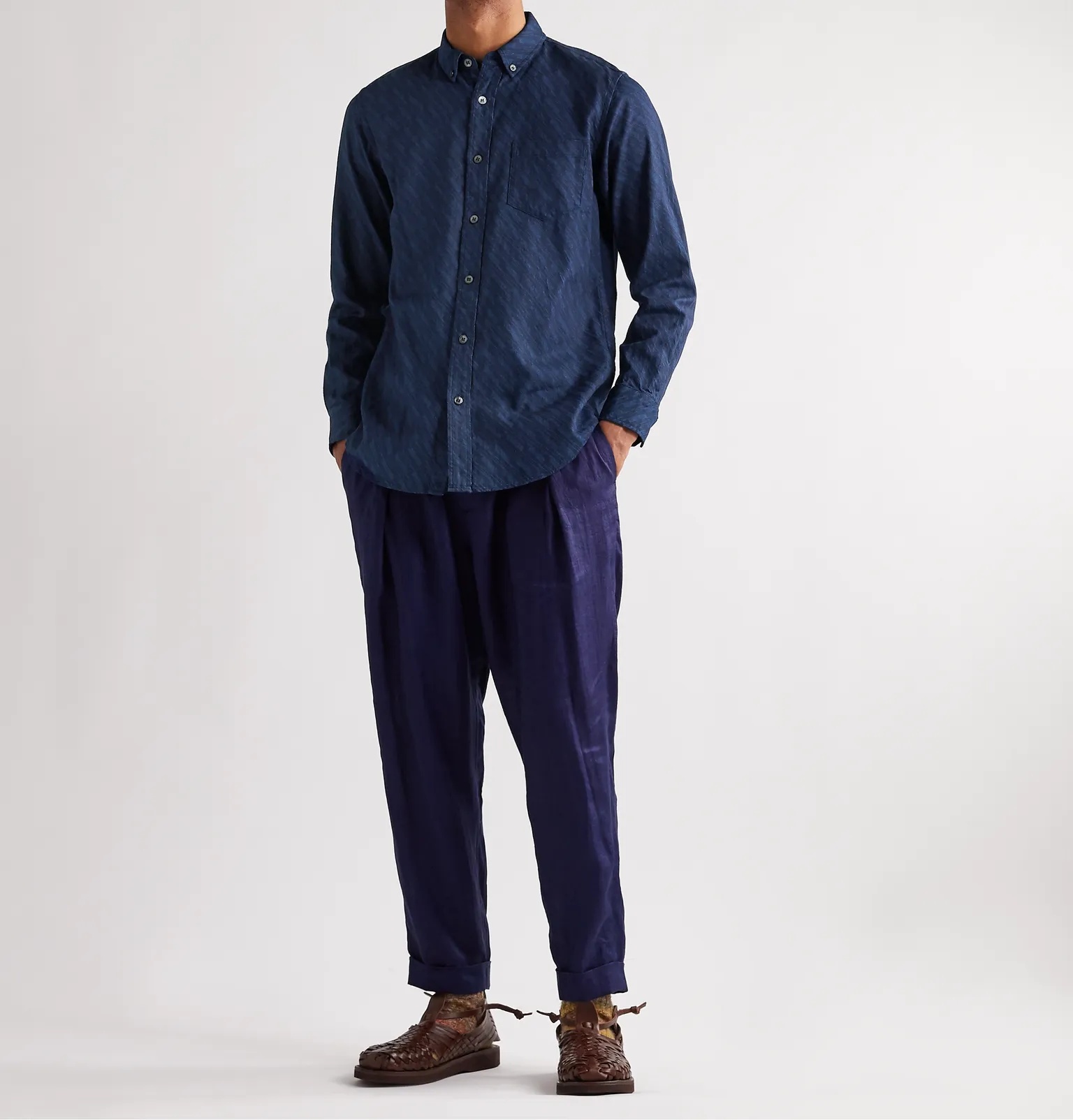 Button-Down Collar Indigo-Dyed Printed Cotton-Twill Shirt - 2