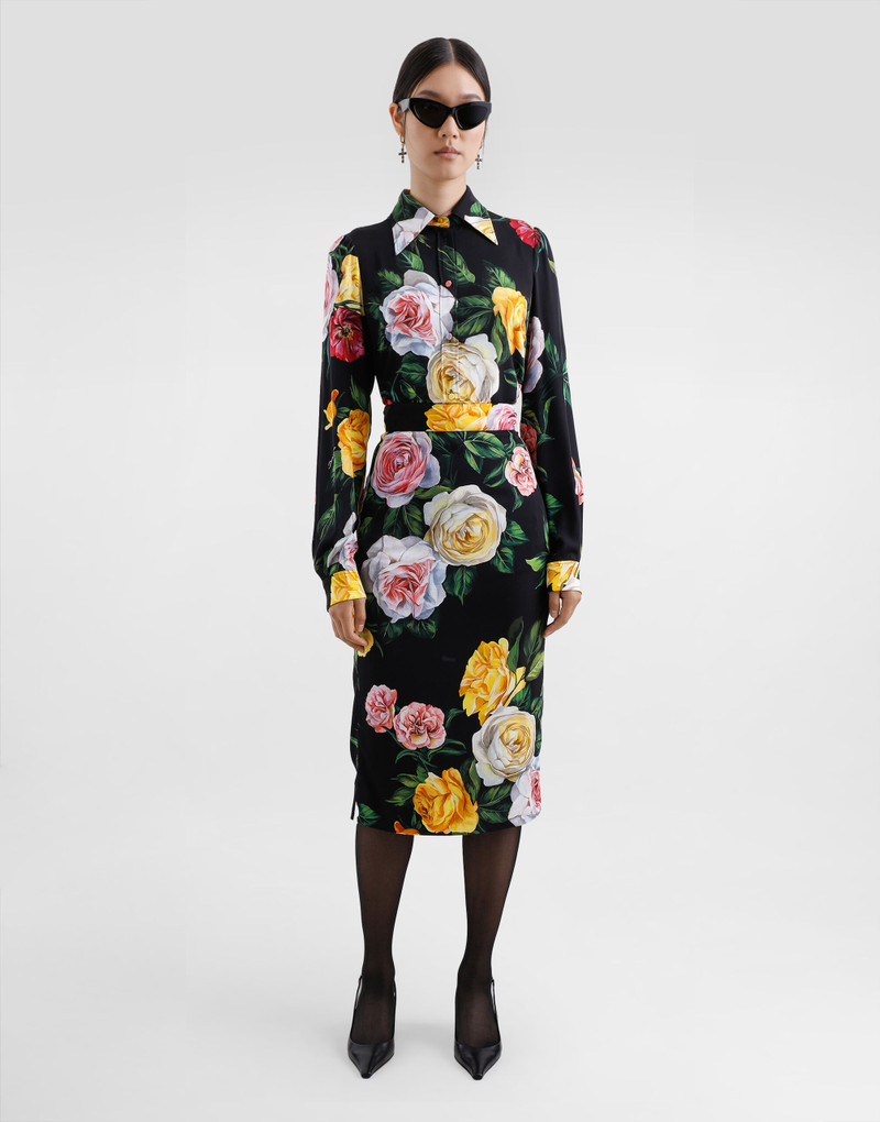 Dolce & Gabbana Peony and rose-print charmeuse calf-length skirt outlook