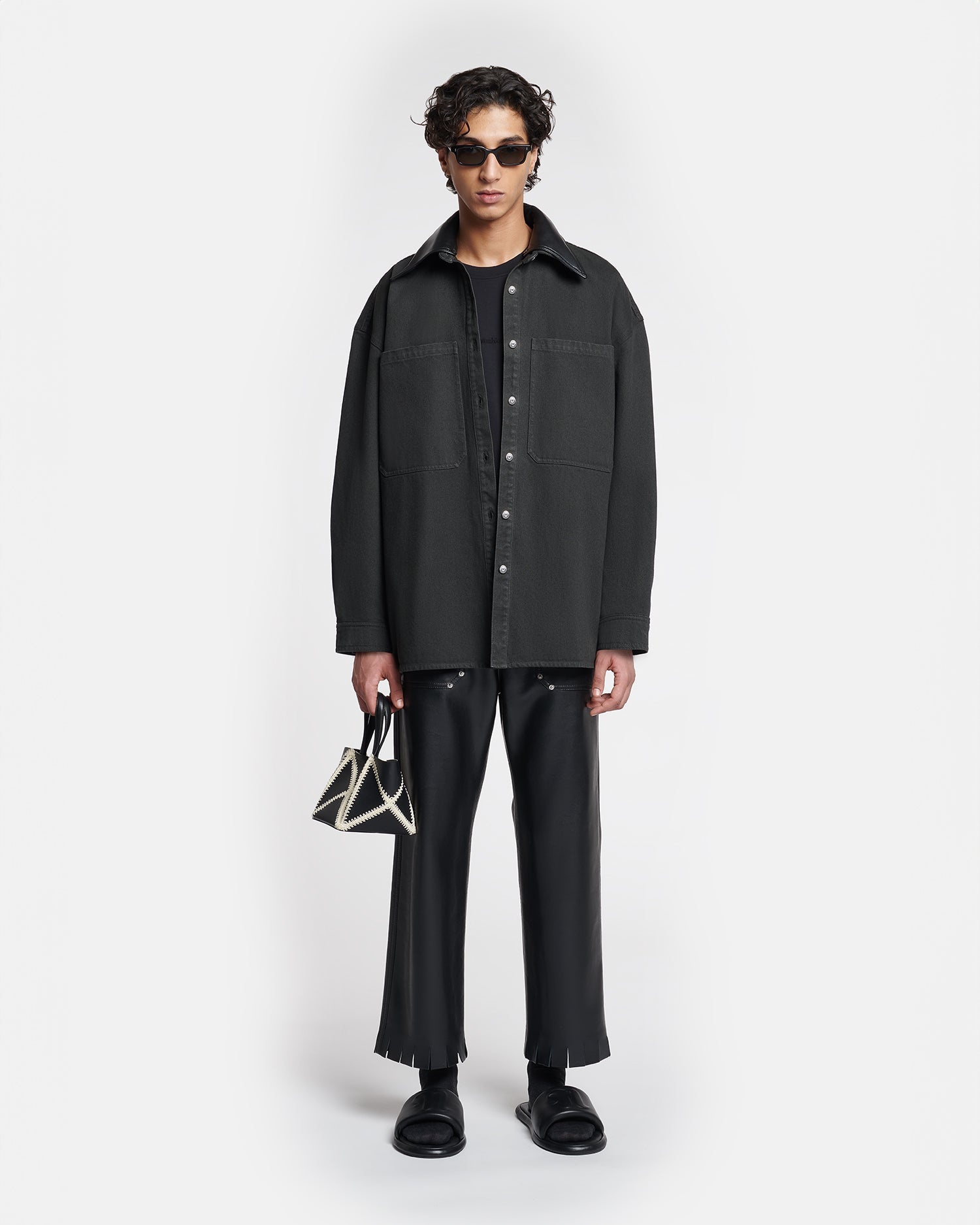 Leather-Trimmed Denim Shirt - 3