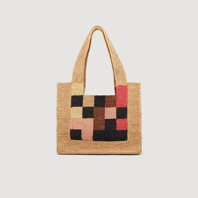 Sandro SMALL CHECKERBOARD RAFFIA TOTE BAG outlook