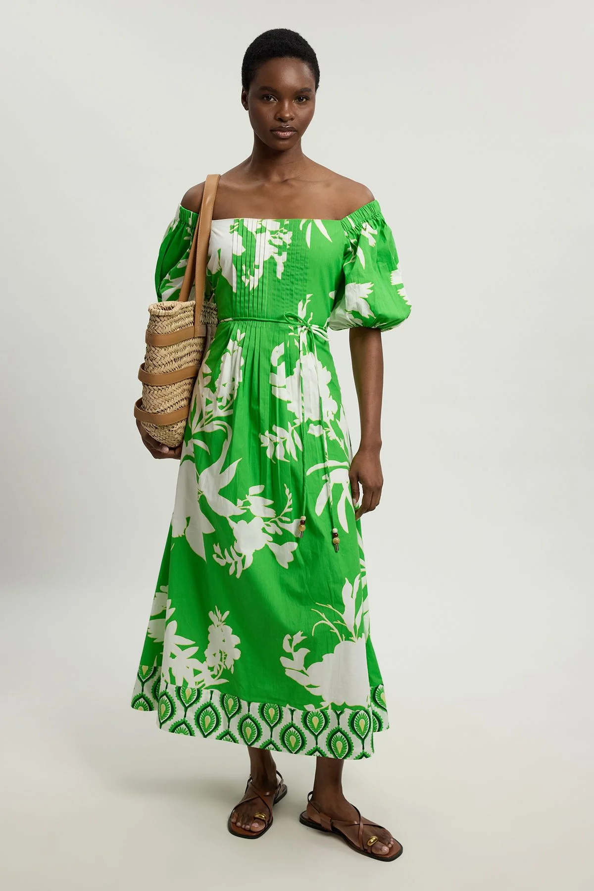 Bead Detail Floral Printed Cotton Poplin Midi Dress - 1
