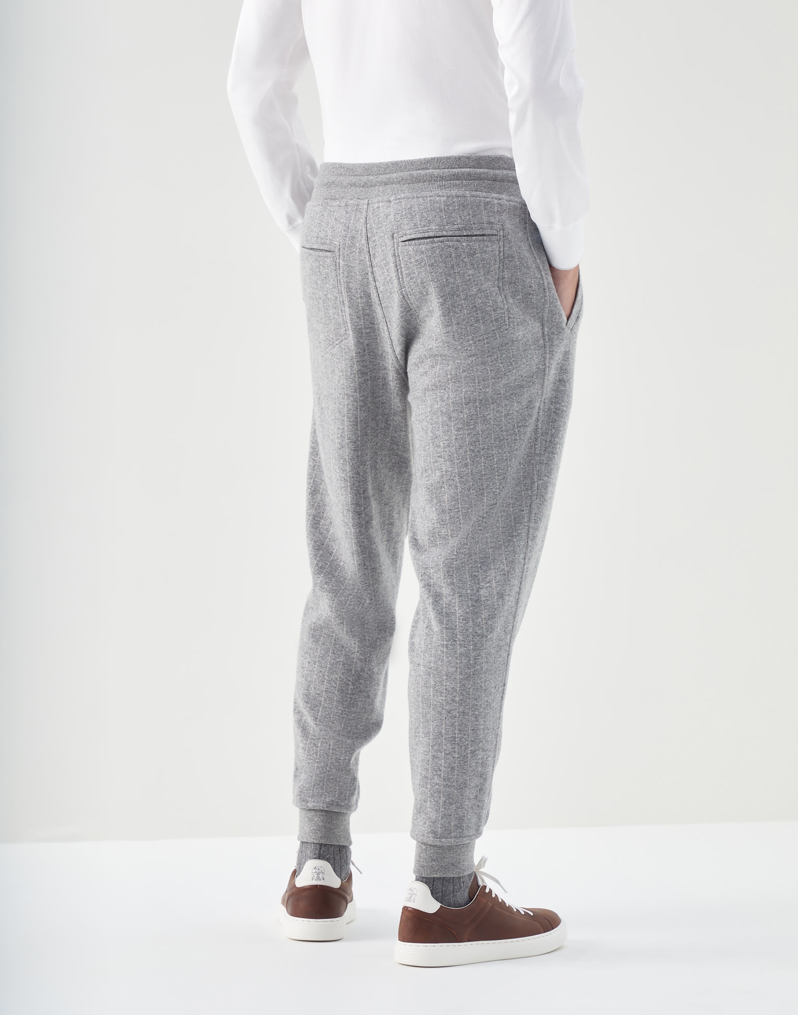 Cashmere and cotton chalk stripe French terry trousers with drawstring waistband and elasticated cuf - 2