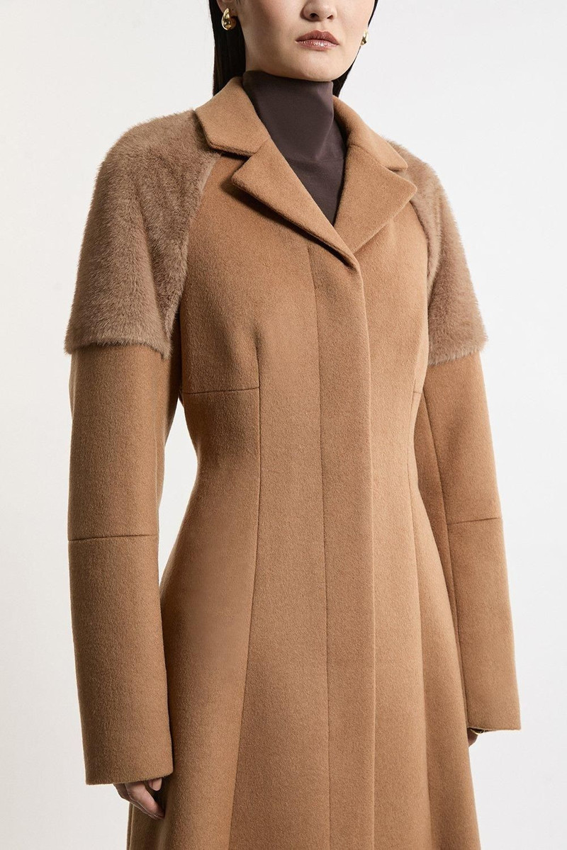 Wool Blend Faux Fur Sleeve Detail Tailored Midaxi Coat 3