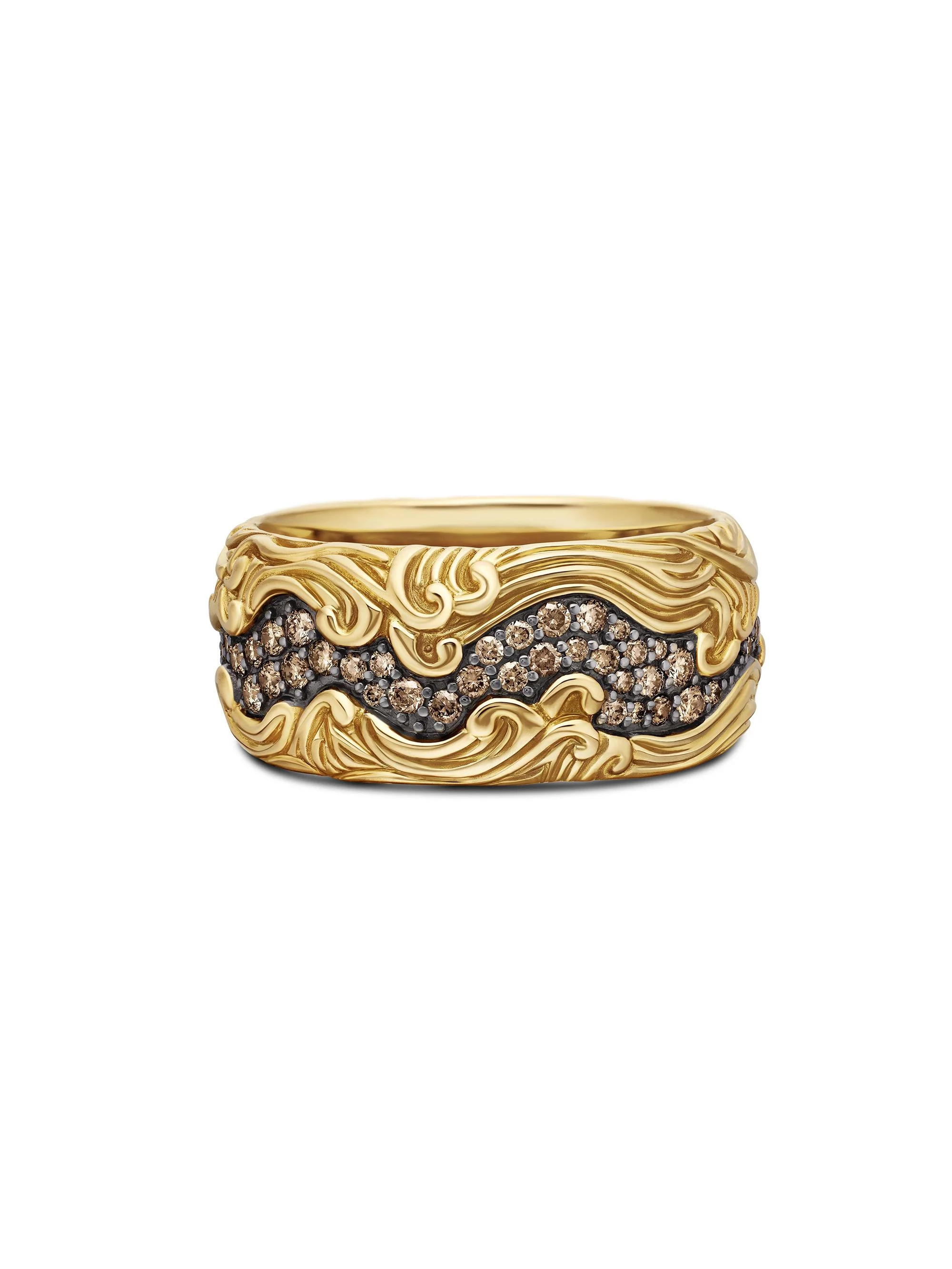 Men's Waves Band Ring in 18K Yellow Gold - Cognac Diamond - 1