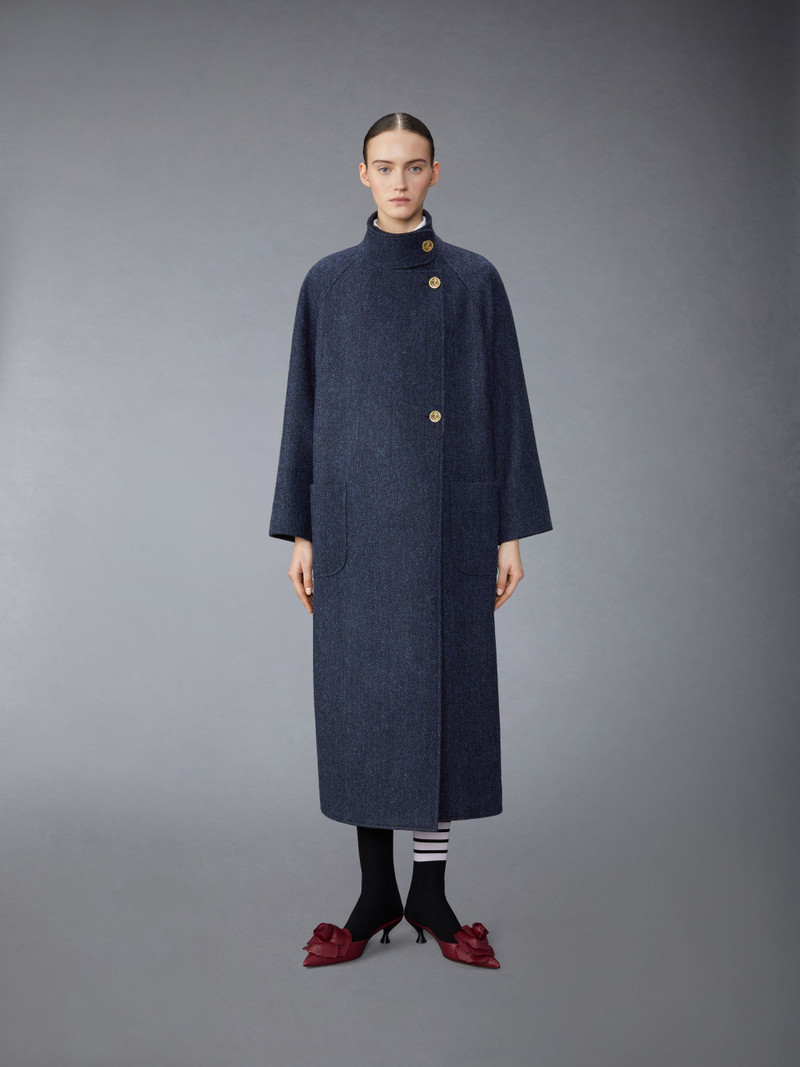 Herringbone Harris Tweed Midi Raglan Funnel Neck Coat 1