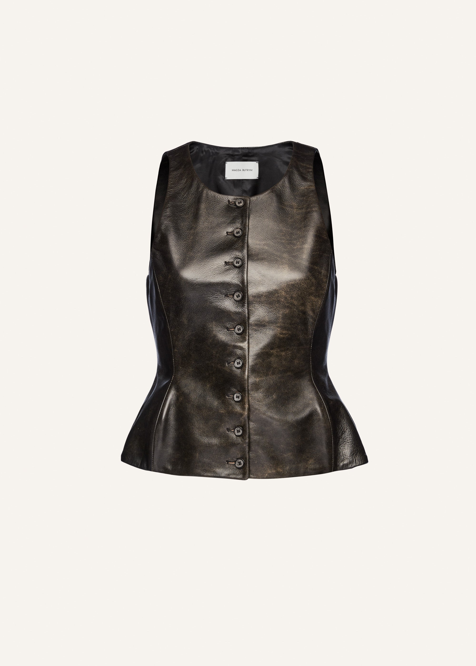 Round neck leather waistcoat in black vintage - 1