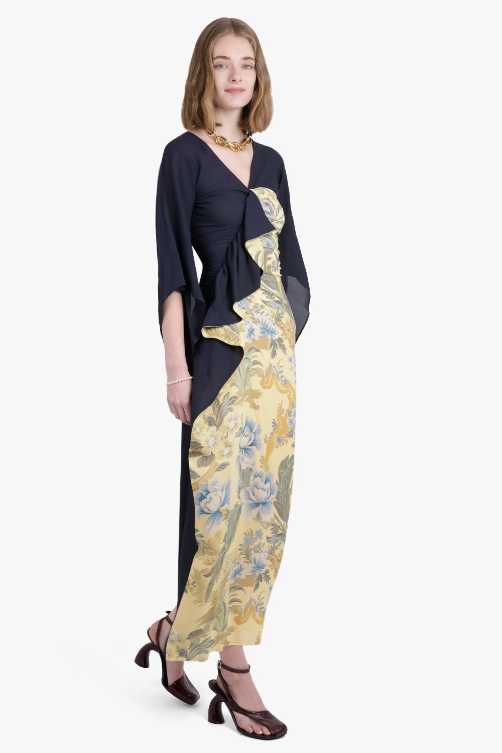 KIMONO STYLE DRAPED FLORAL PRINT MIDI DRESS | BLACK/YELLOW - 2