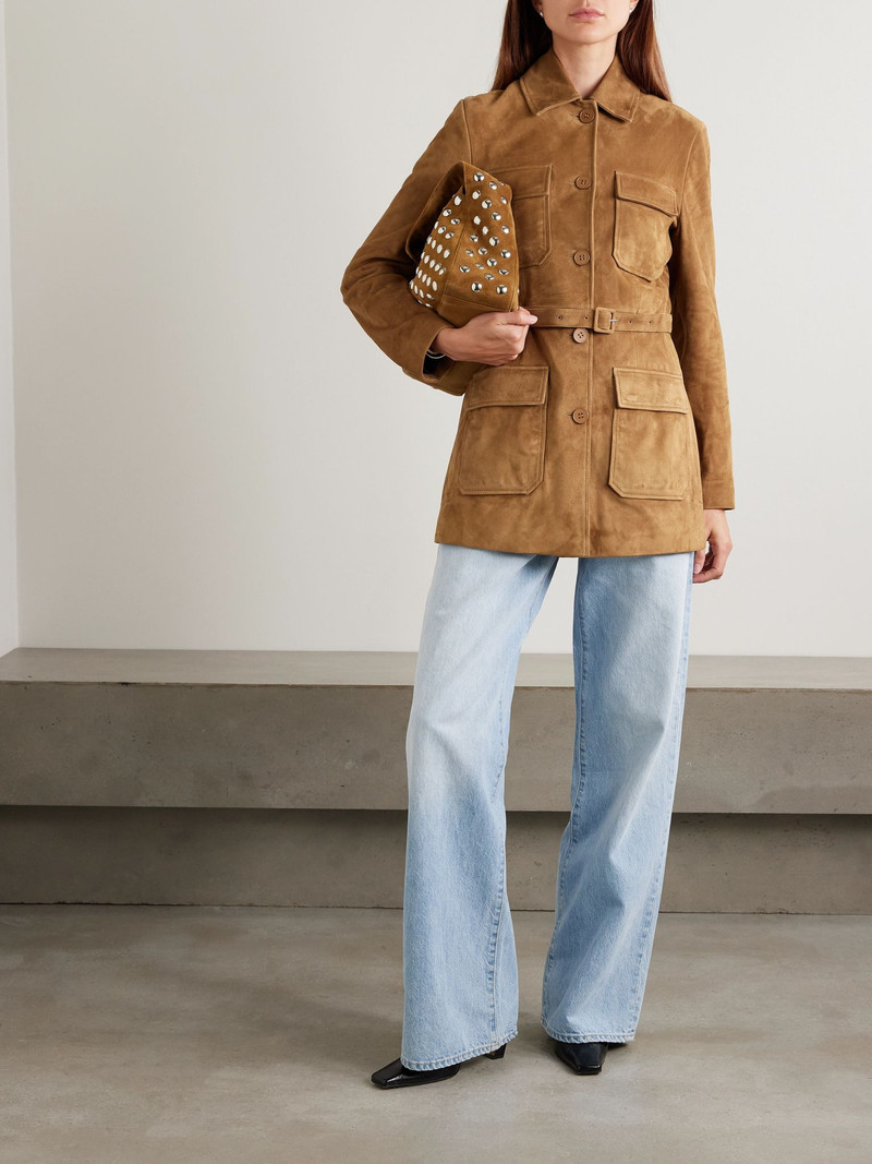 NOUR HAMMOUR Romana belted paneled suede jacket Tan outlook