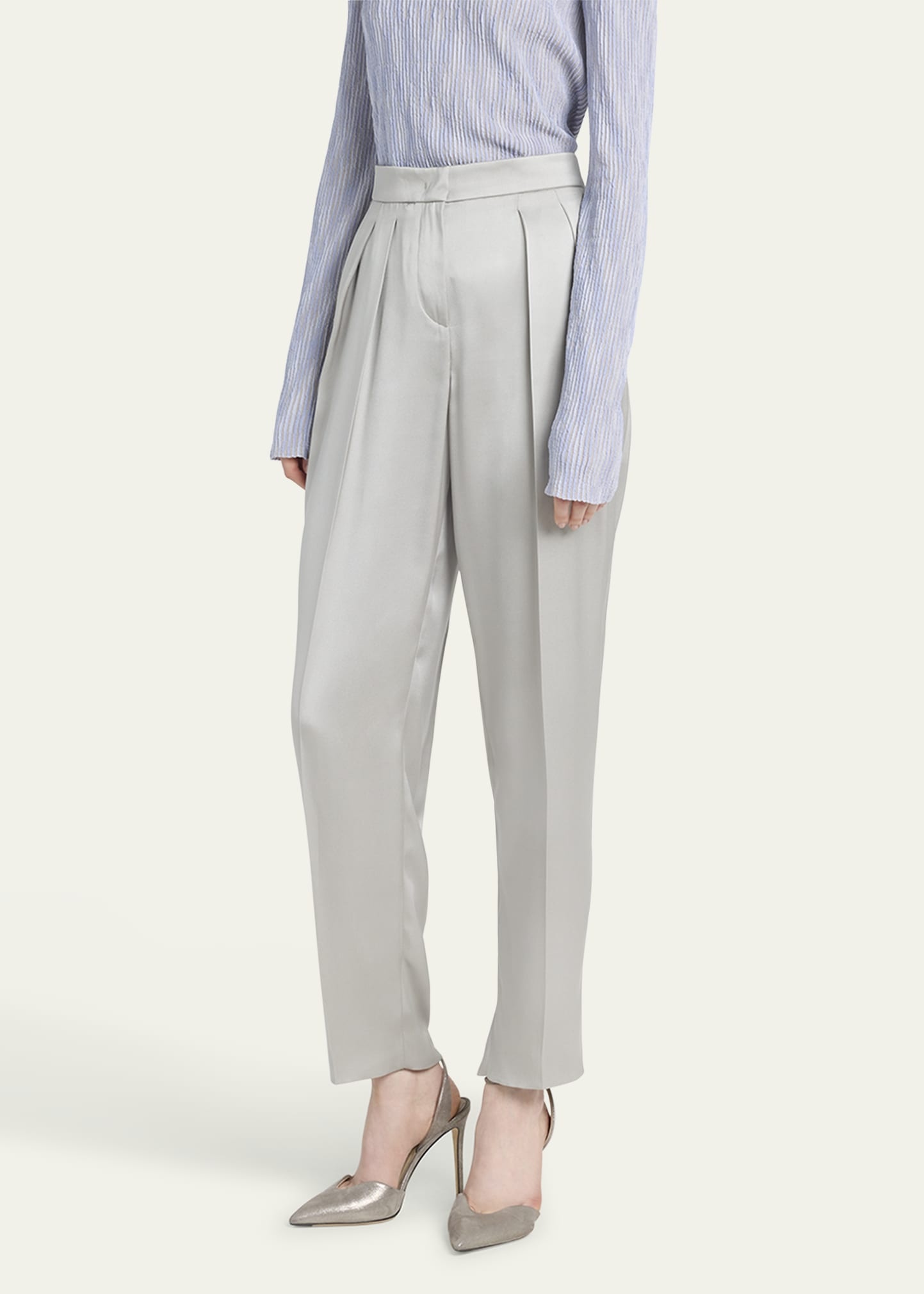 Pleated Skinny Leg Silk Trousers - 4