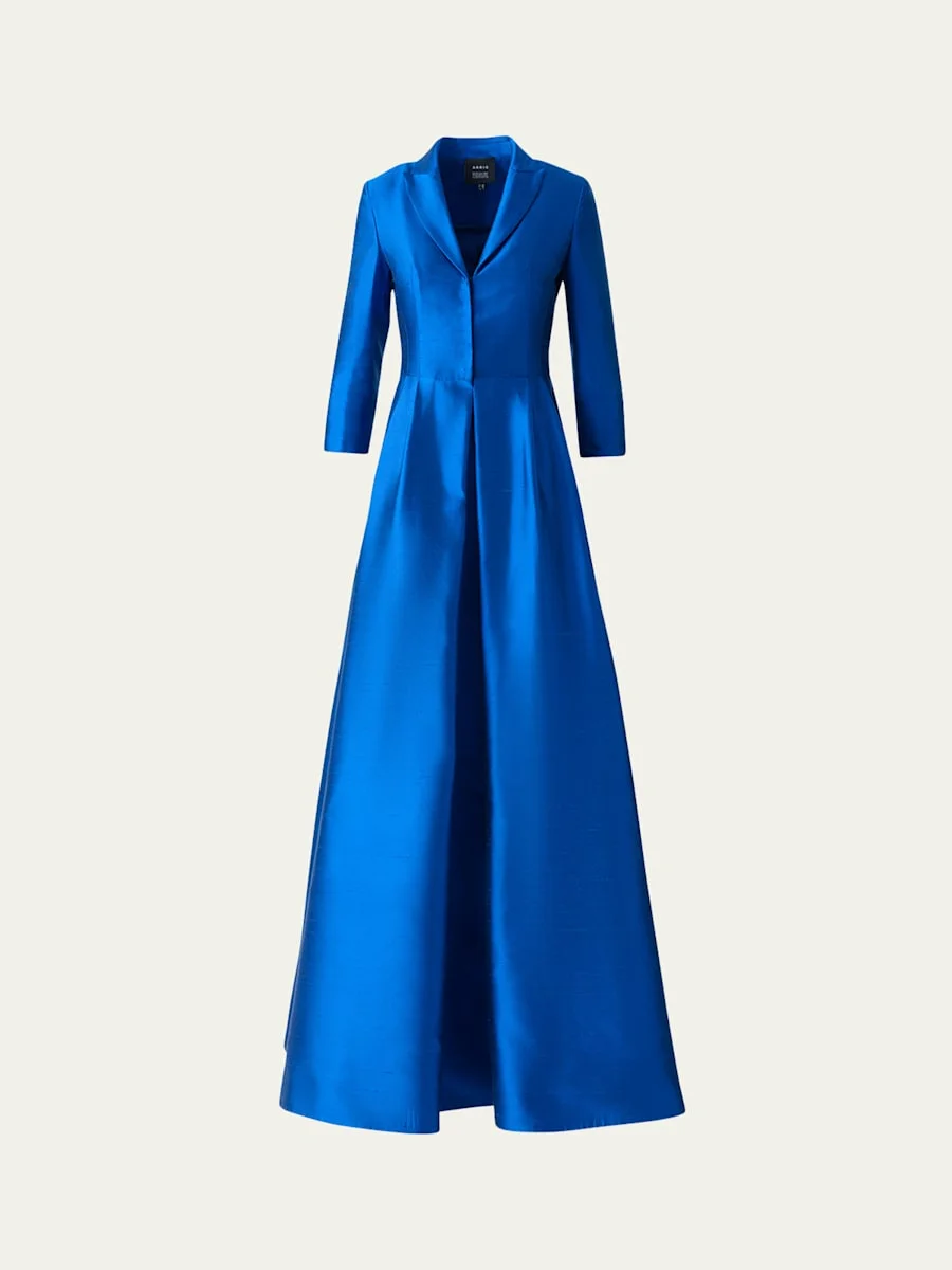 Three-Quarter Sleeve Flared Long Silk Coat Dress - 1