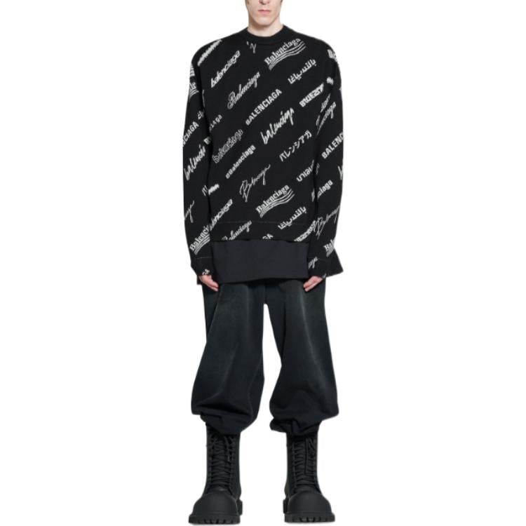 Balenciaga Allover Logo Print Crewneck Sweatshirt 'Black White' 724858T16651070 - 3
