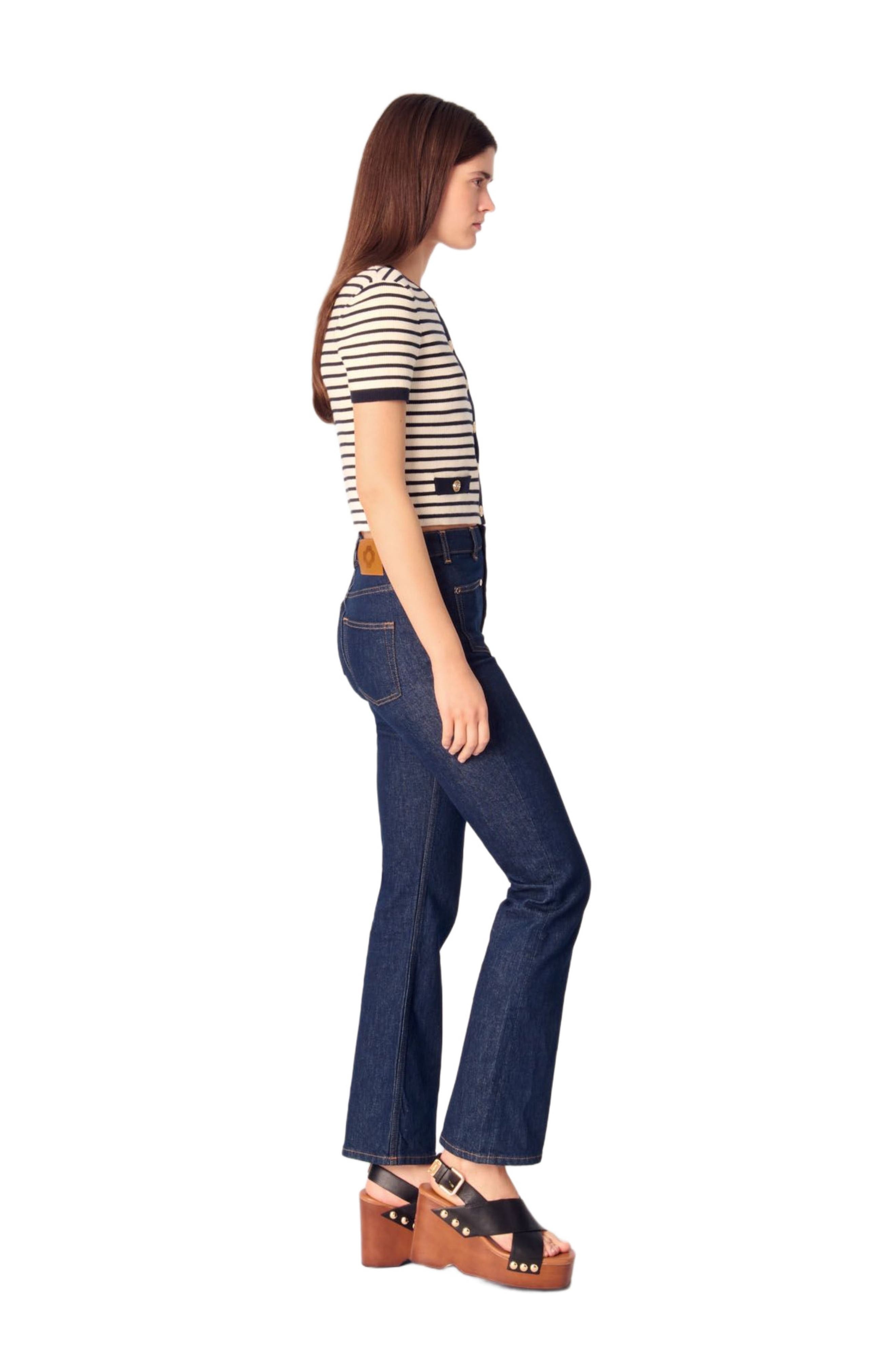 maje Cropped rib knit cardigan in Ecru/navy Blue at Nordstrom - 3