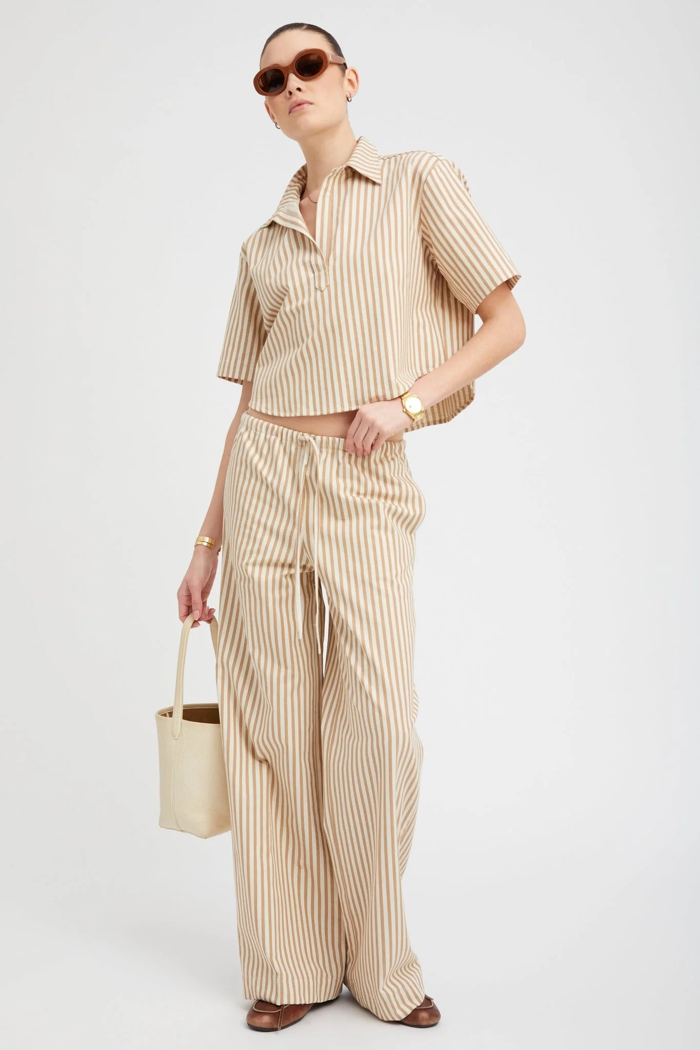 CAMEL STRIPE LINEN DRAWSTRING PANTS - 1