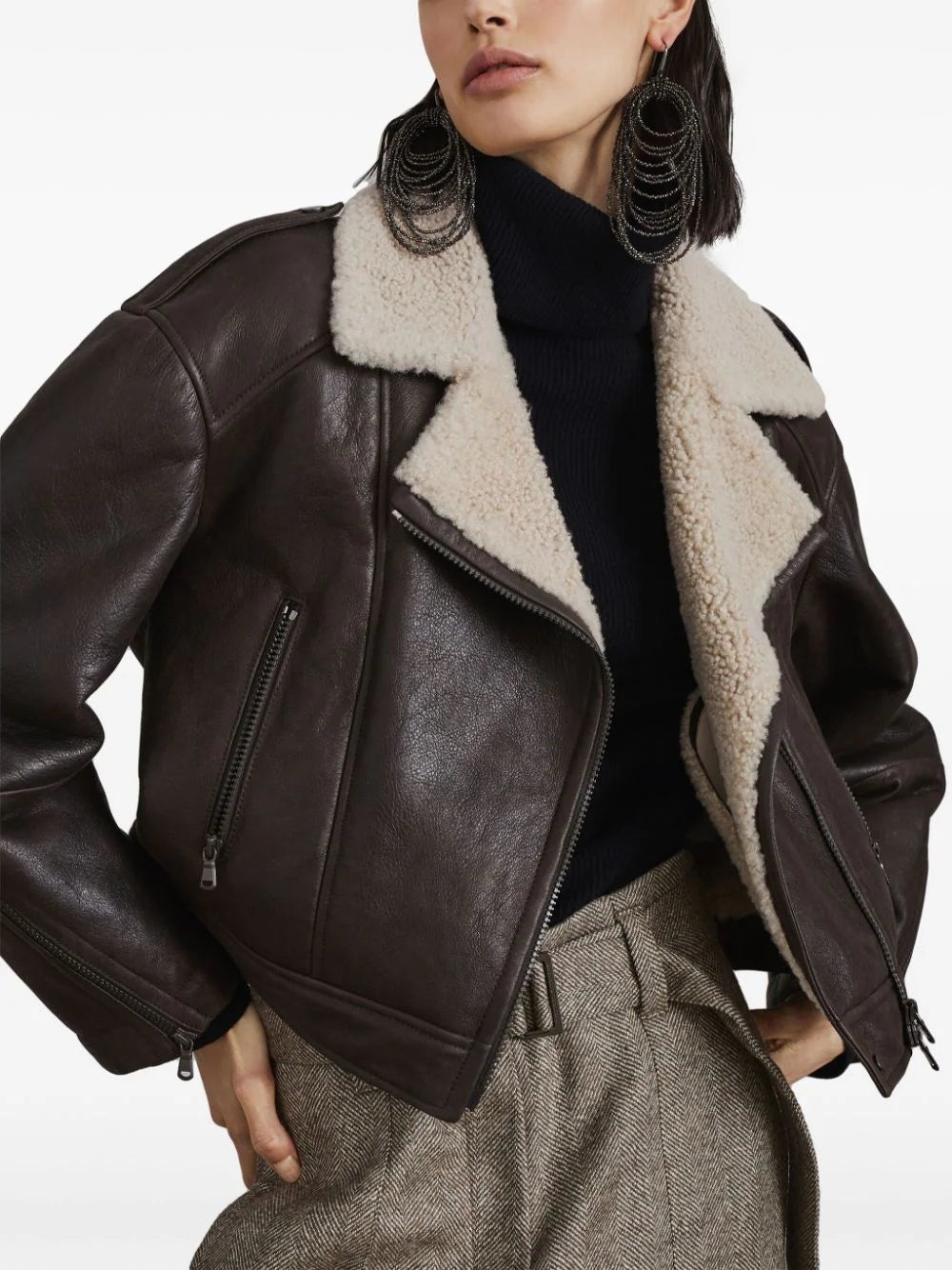 Brunello Cucinelli Women Leather Biker Jacket With Shearling Collar - 6