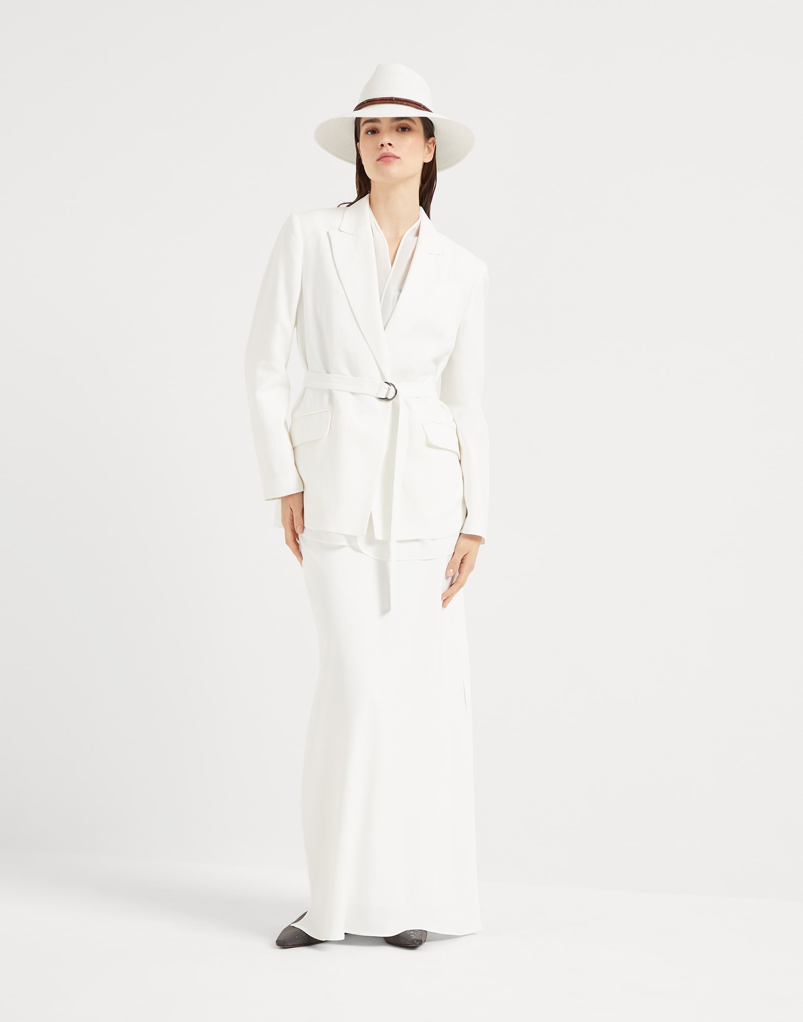 Viscose and linen fluid twill blazer with belt and monili - 5