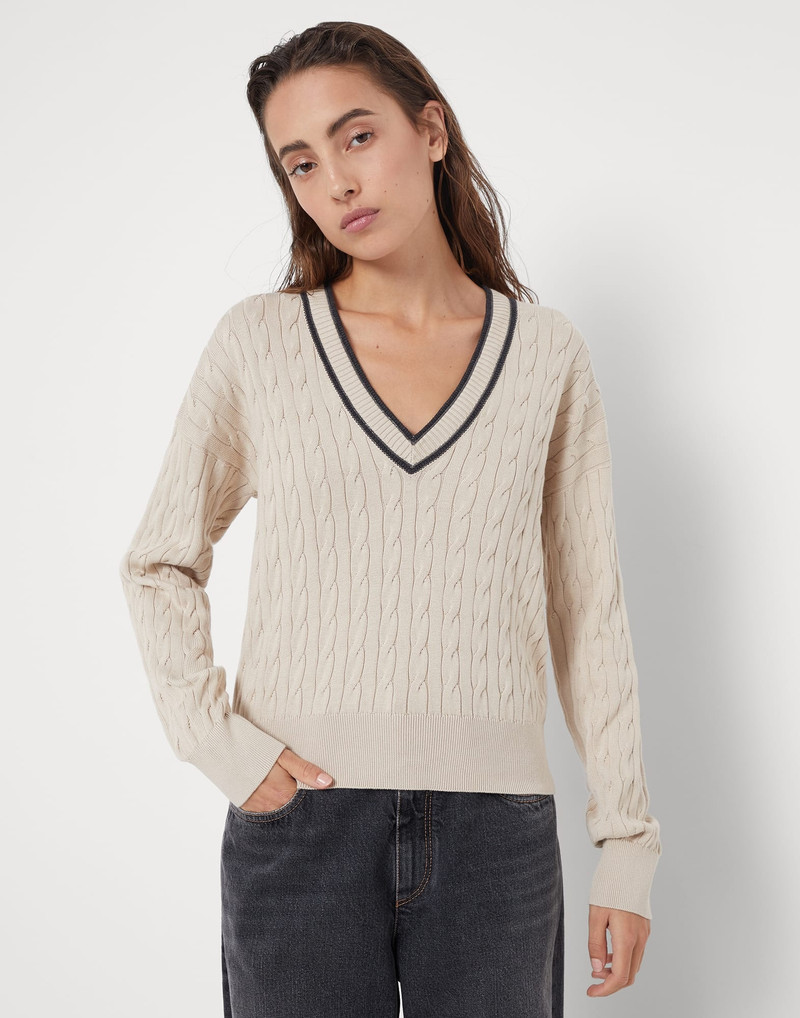 Cotton cable knit sweater with shiny contrast trims 1