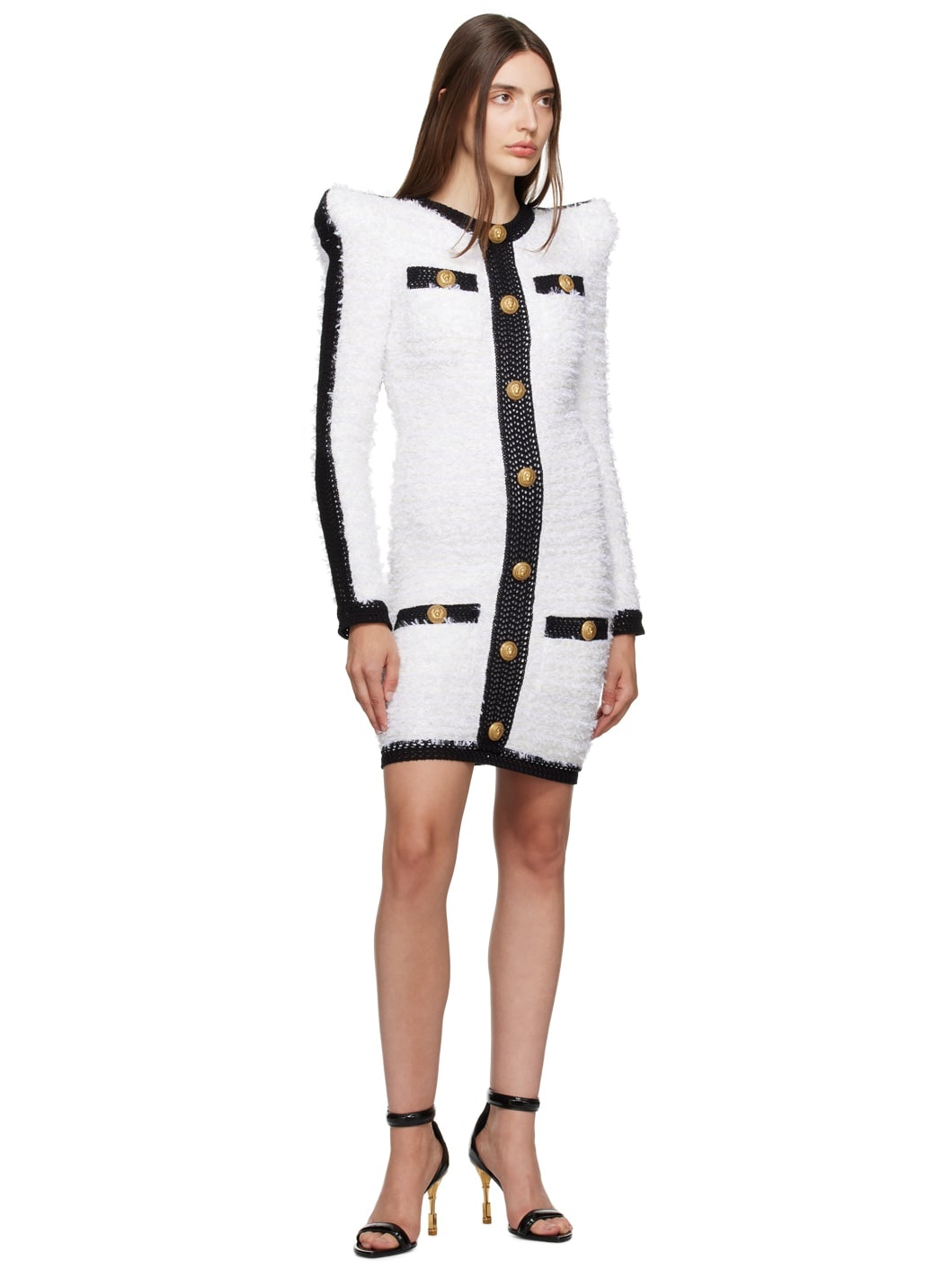 White & Black Pointed Shoulder Minidress - 4