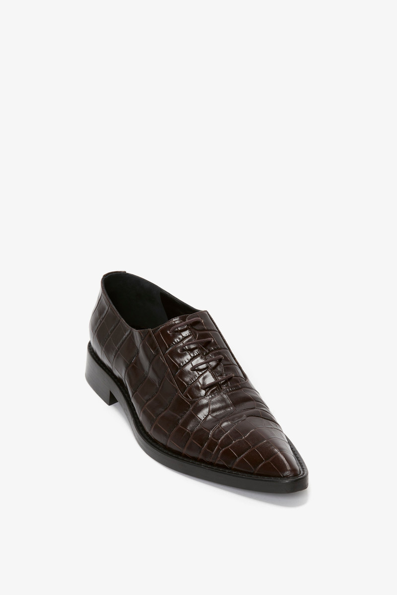 Victoria Beckham Pointy Toe Flat Lace Up In Chocolate Croc-Effect Leather outlook