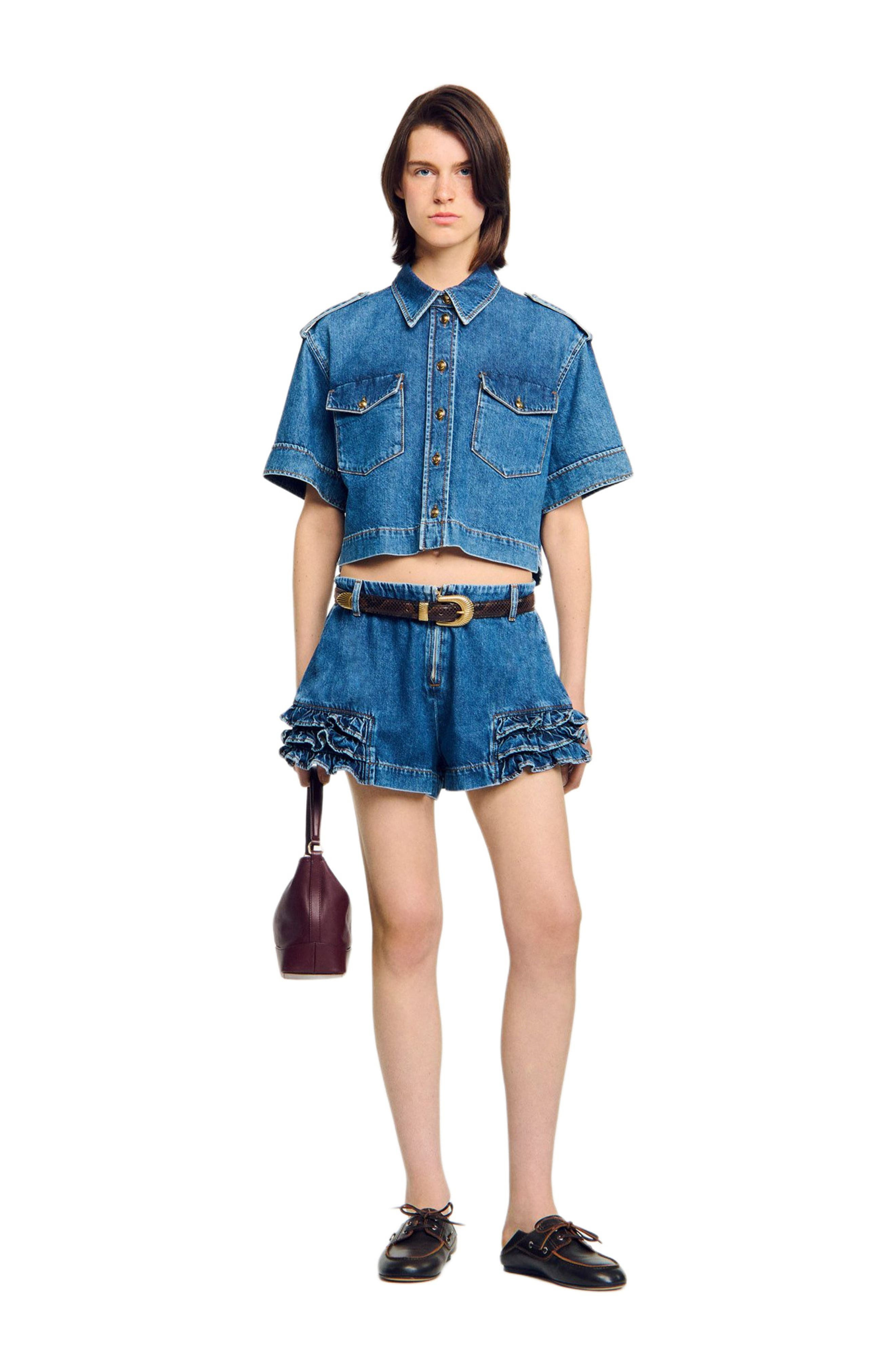 SANDRO Ruffled denim shorts in Blue Jean at Nordstrom - 6