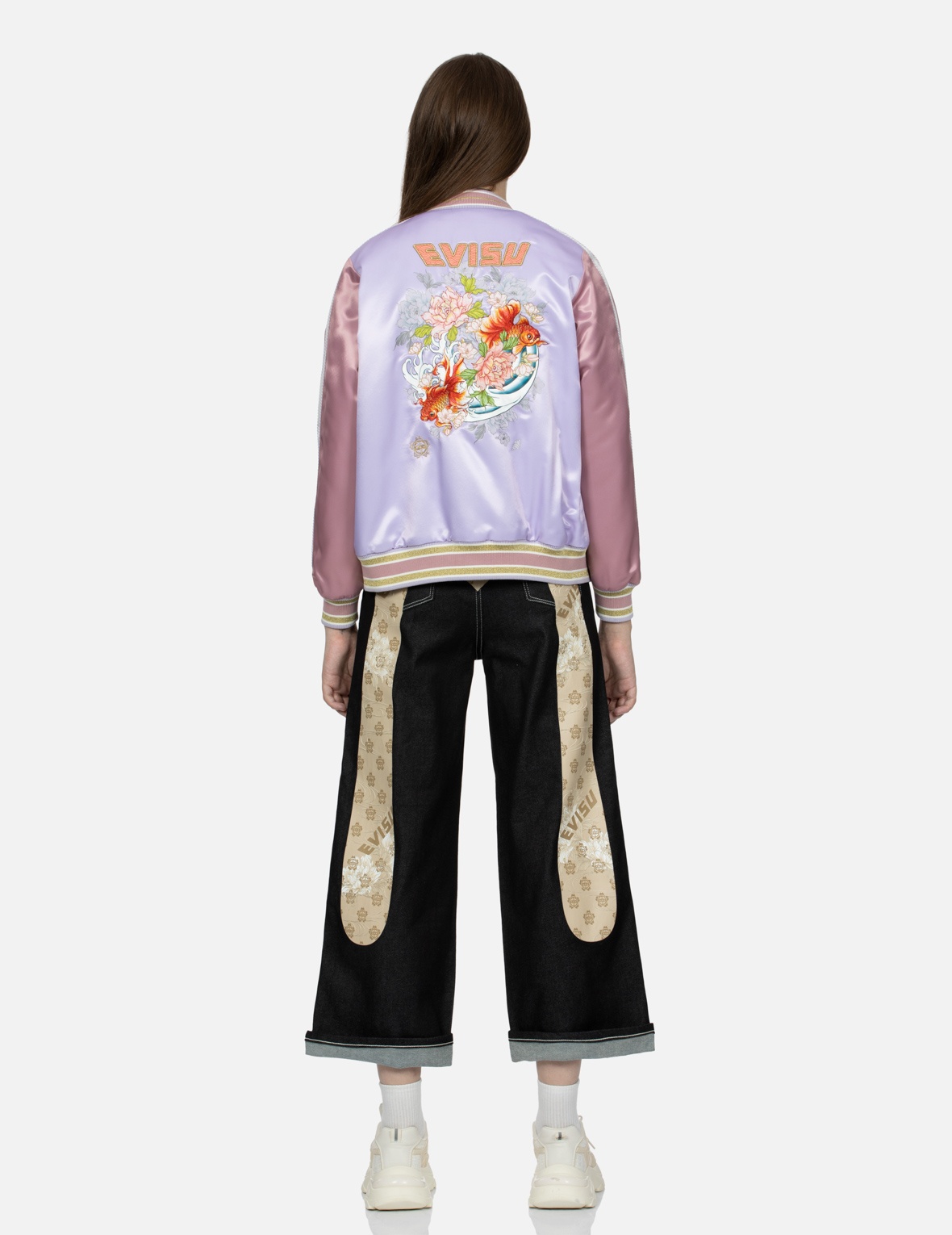GOLDFISH AND FLORAL FLOW EMBROIDERY COLOR-BLOCKING LOOSE FIT SOUVENIR JACKET - 5