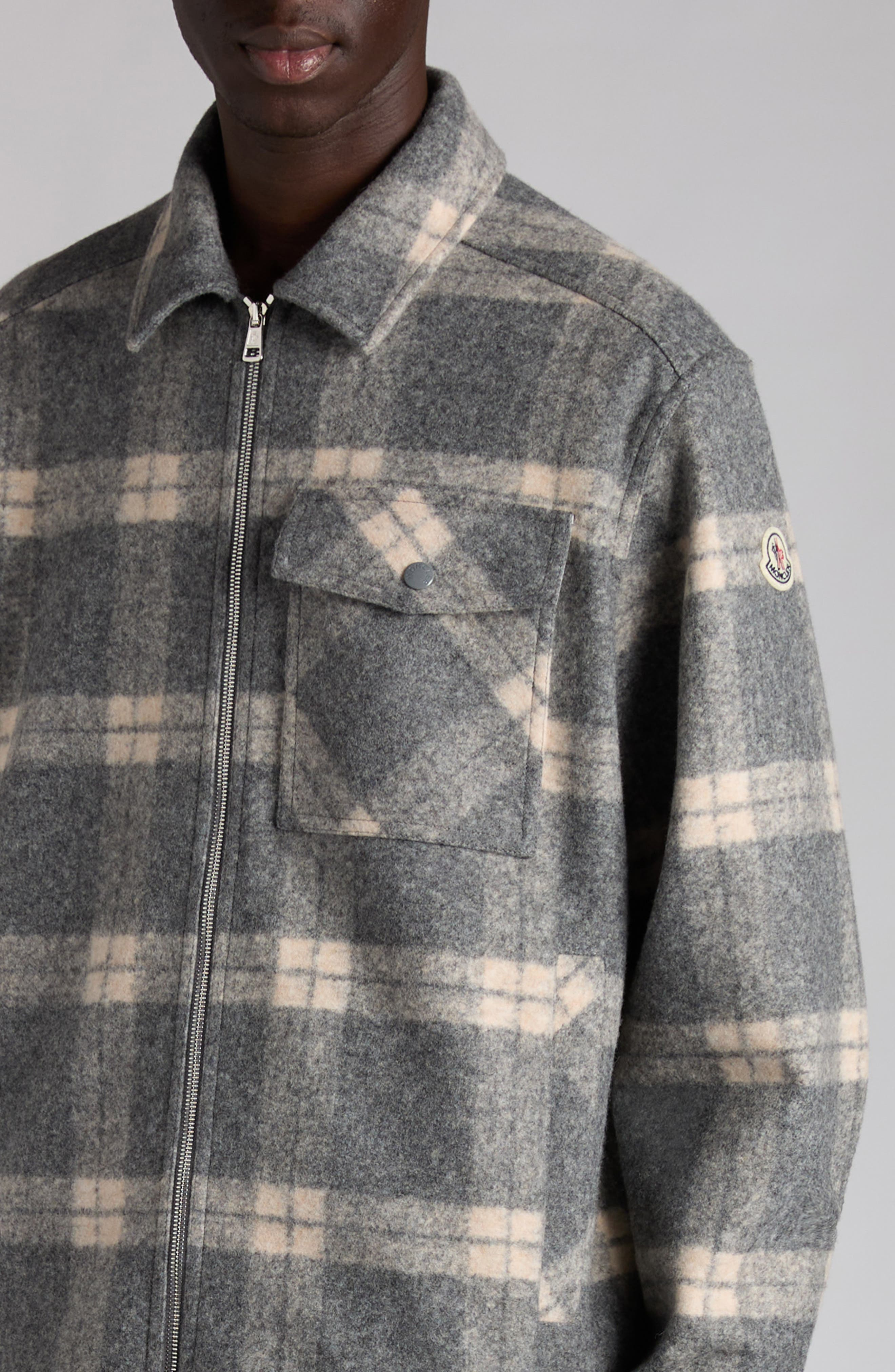 Moncler Plaid Shirt Jacket in Light Grey Check at Nordstrom - 5