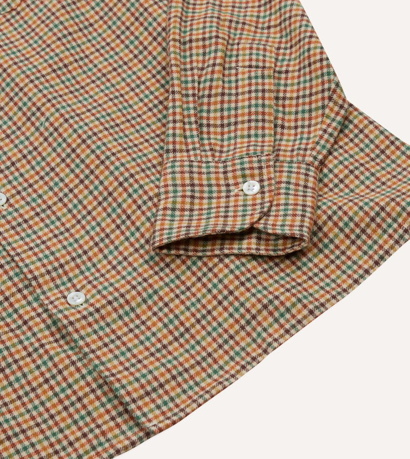 Brown and Green Check Brushed Cotton Twill Camp Collar Long Sleeve Shirt 5
