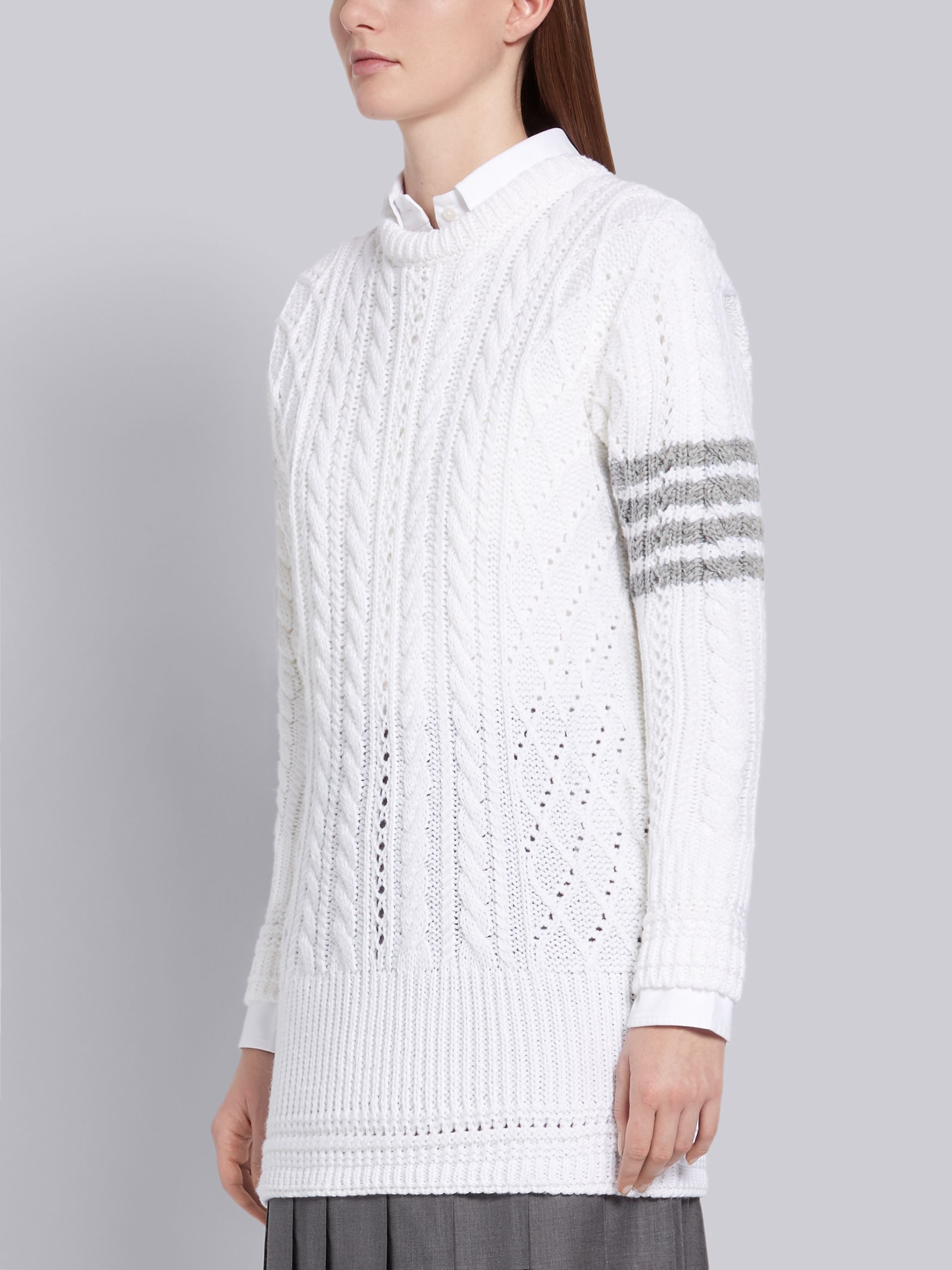 White Fine Merino Wool Aran Cable Relaxed 4-Bar Crewneck - 2