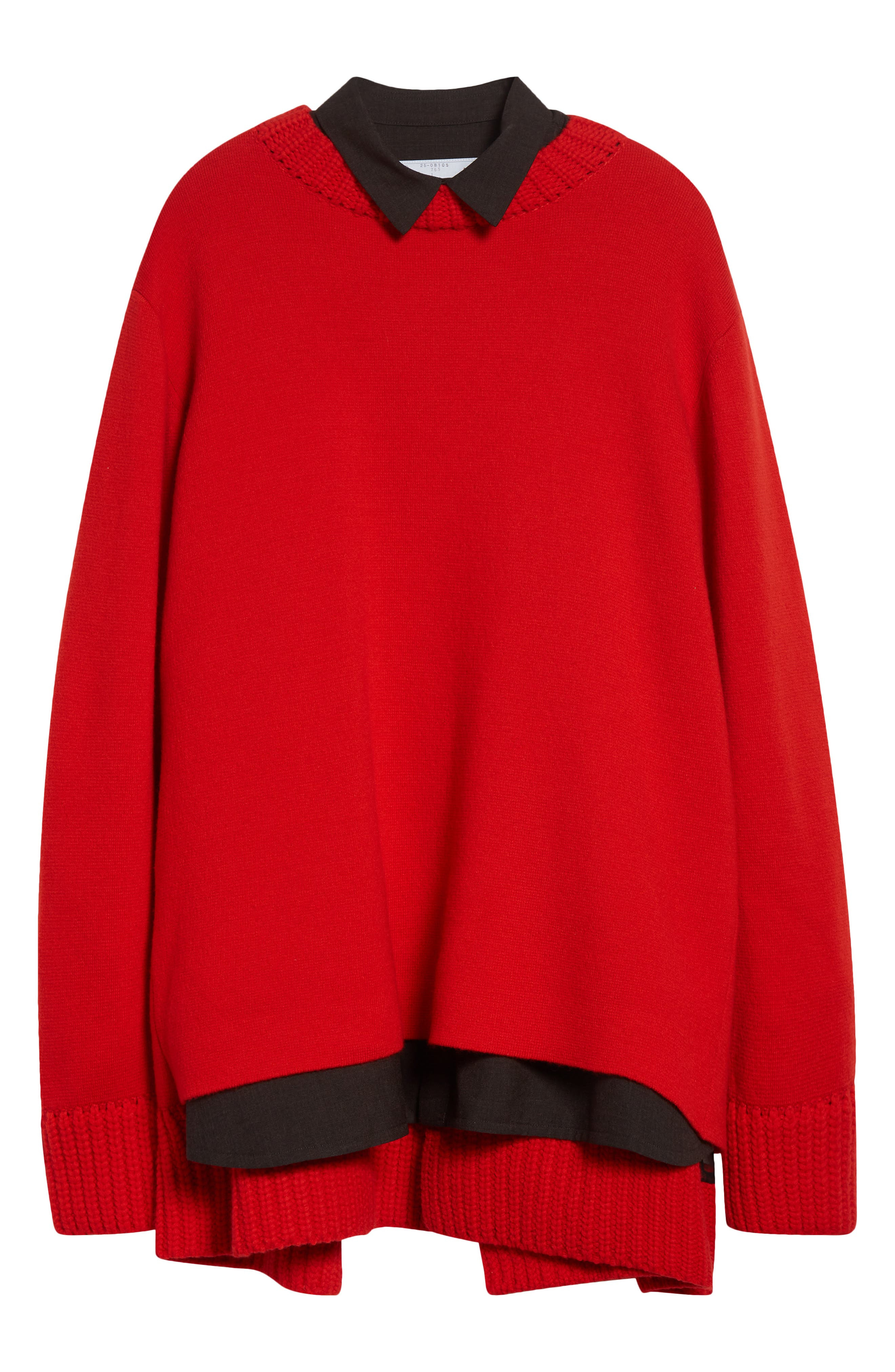Sacai Mixed Media Long Sleeve Wool Suiting & Knit Sweater Dress in Red/Brown at Nordstrom - 5
