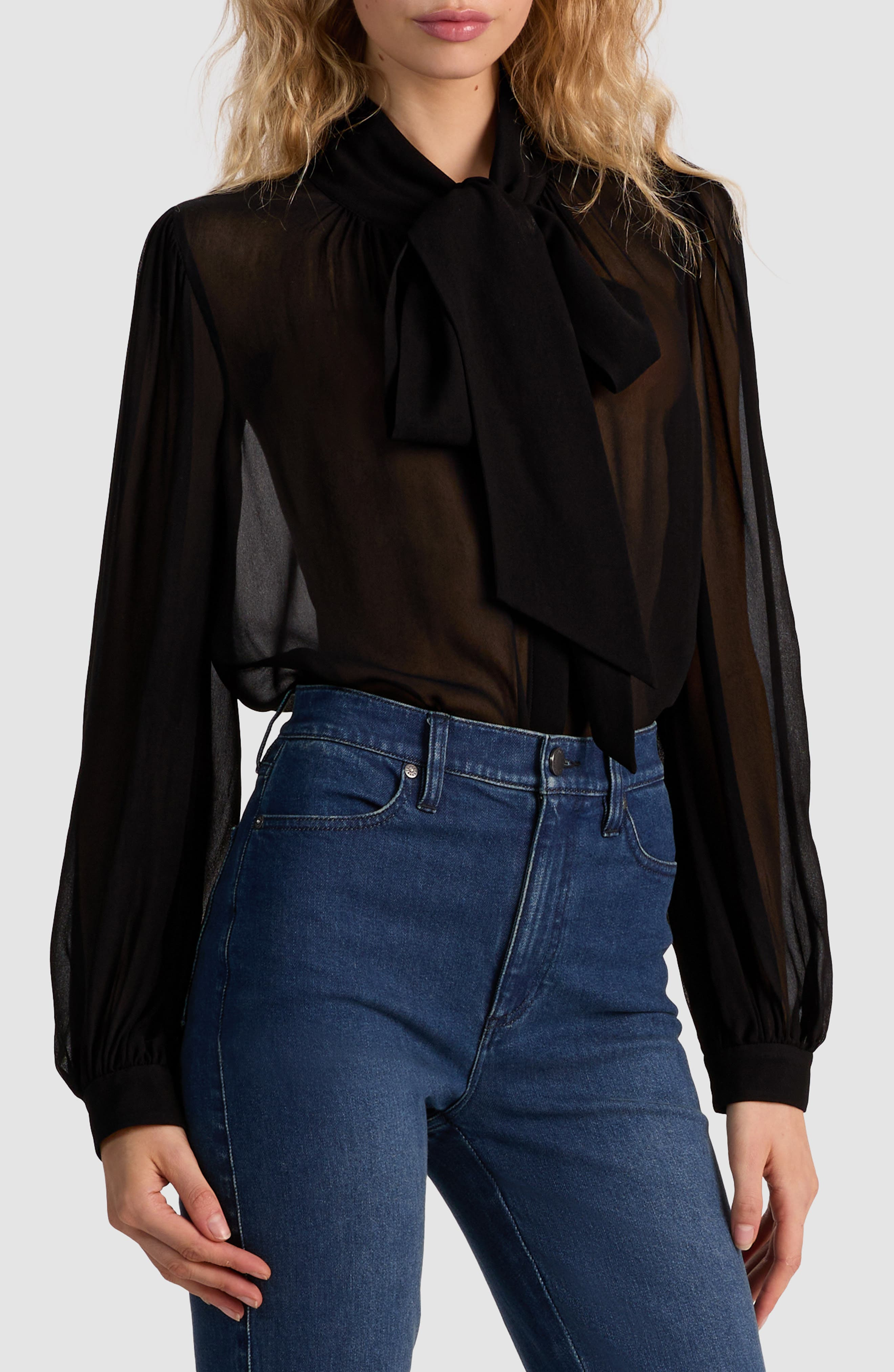 Alice + Olivia Brentley Tie Neck Sheer Long Sleeve Button-Up Shirt in Black at Nordstrom - 1