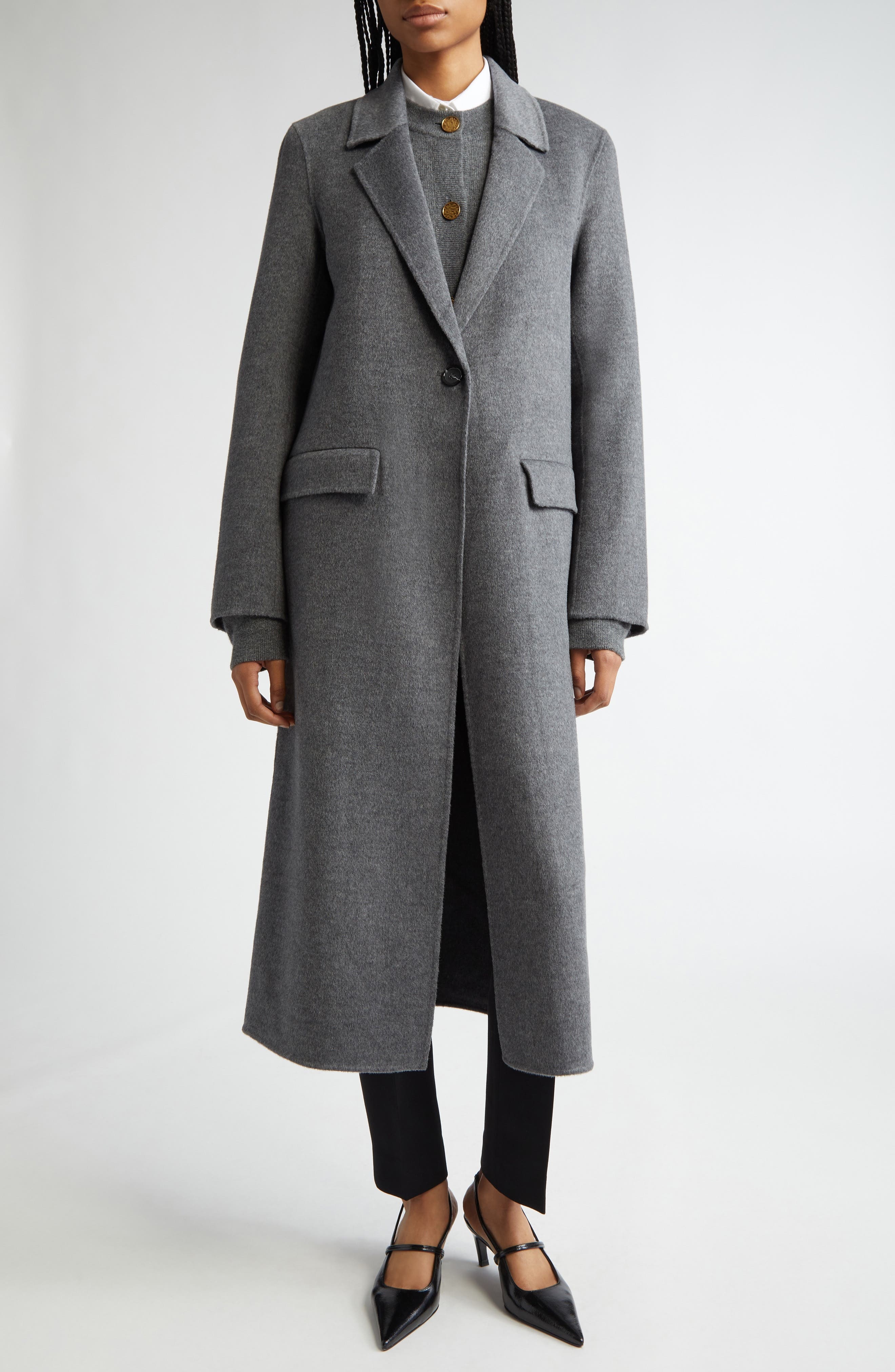TOTEME One-Button Double Face Wool Long Coat in Mid Grey Melange at Nordstrom - 2
