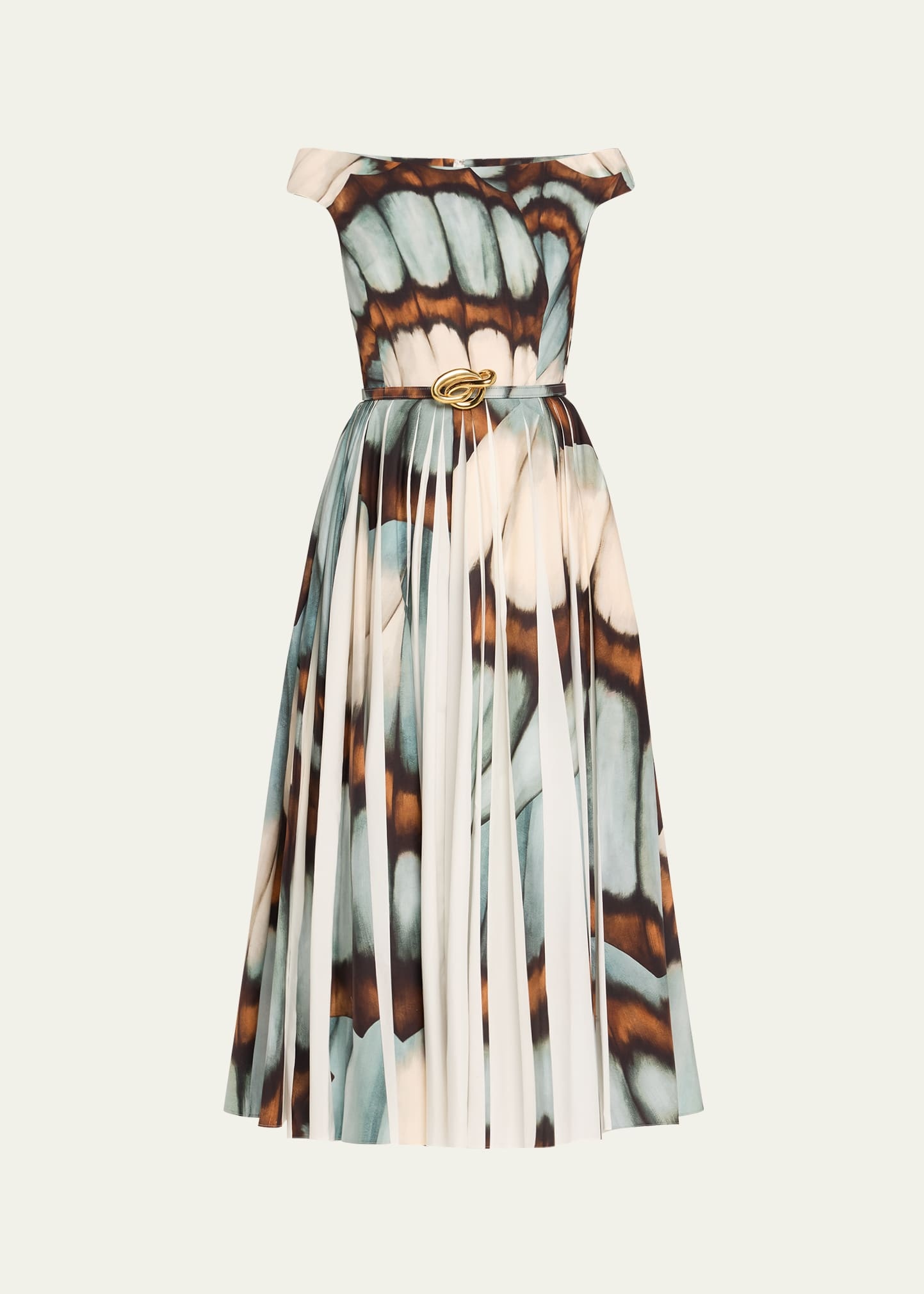 Off-The-Shoulder Butterfly Poplin Pleated Midi Dress With Belt - 1