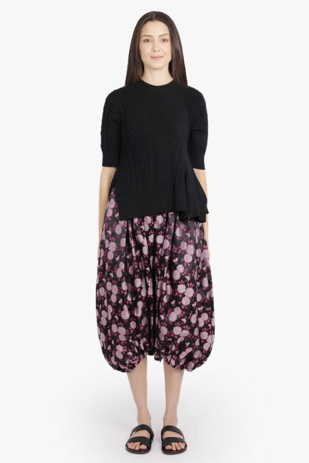 FLORAL PRINT ELASTIC WAIST DROP CROTCH CROP PANT | BLACK/PINK - 4