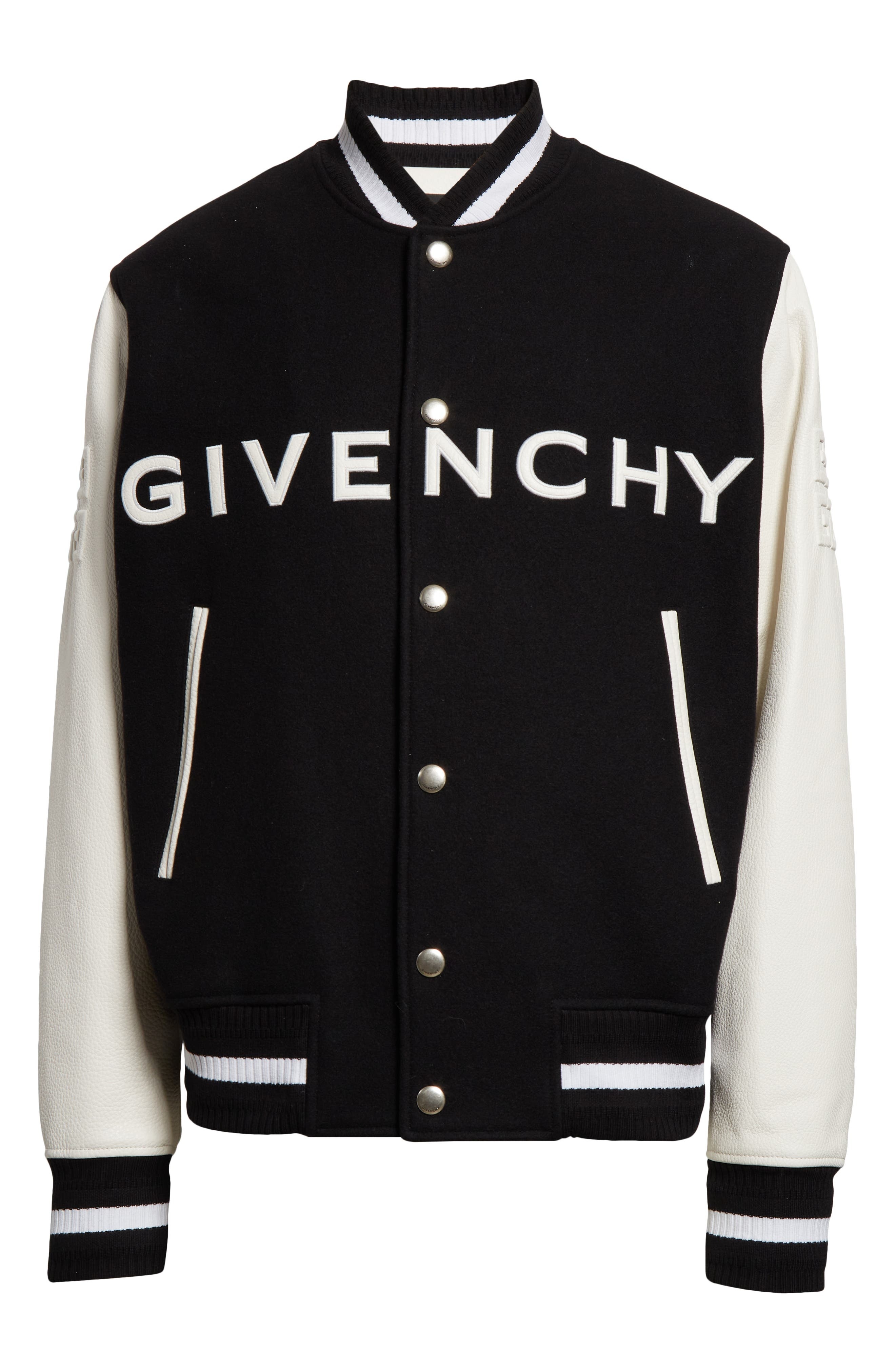 Givenchy Embroidered Logo Mixed Media Leather & Wool Blend Varsity Jacket in Black/White at Nordstro - 7