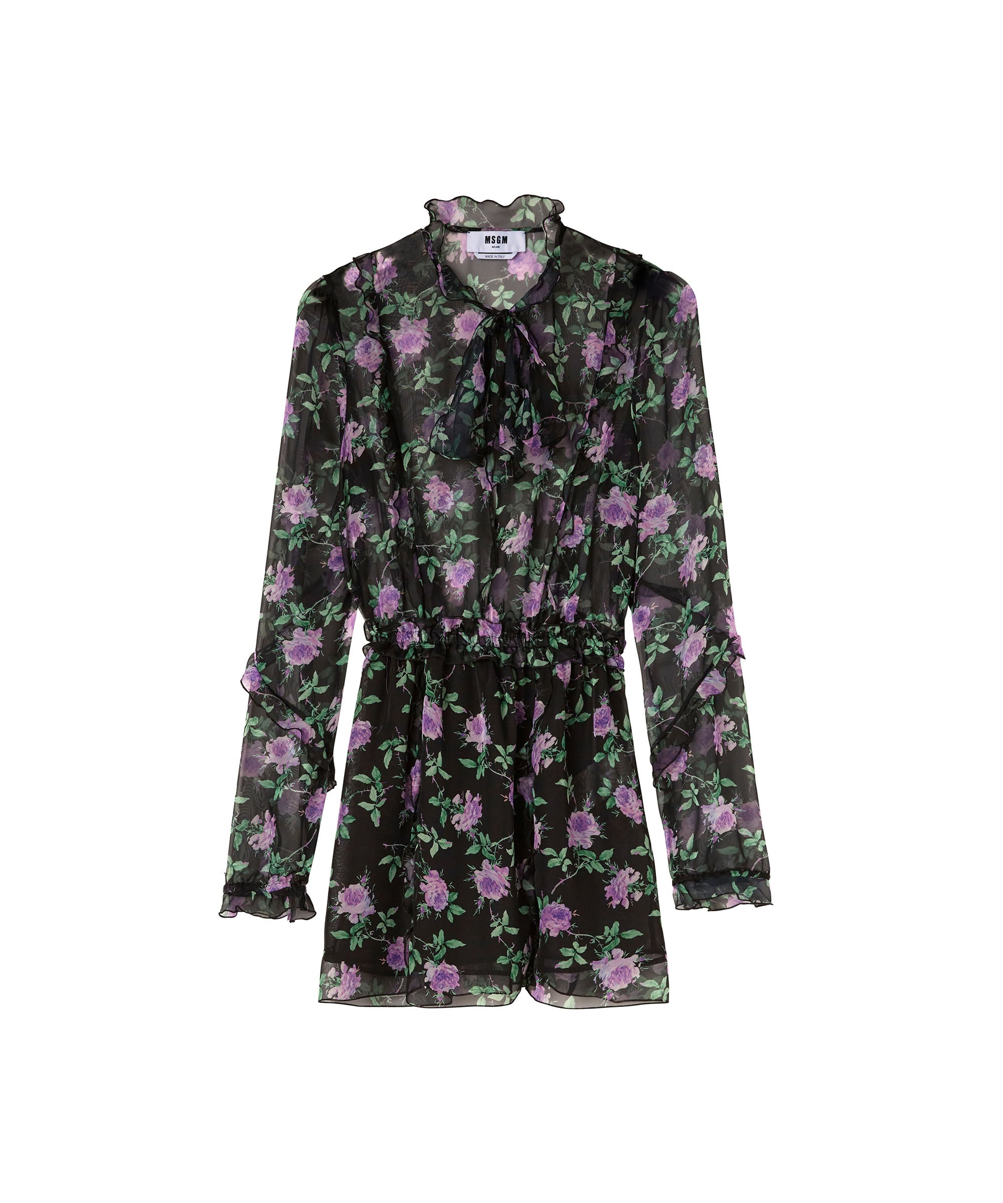 Poly chiffon mini dress with "rose bush" print - 3