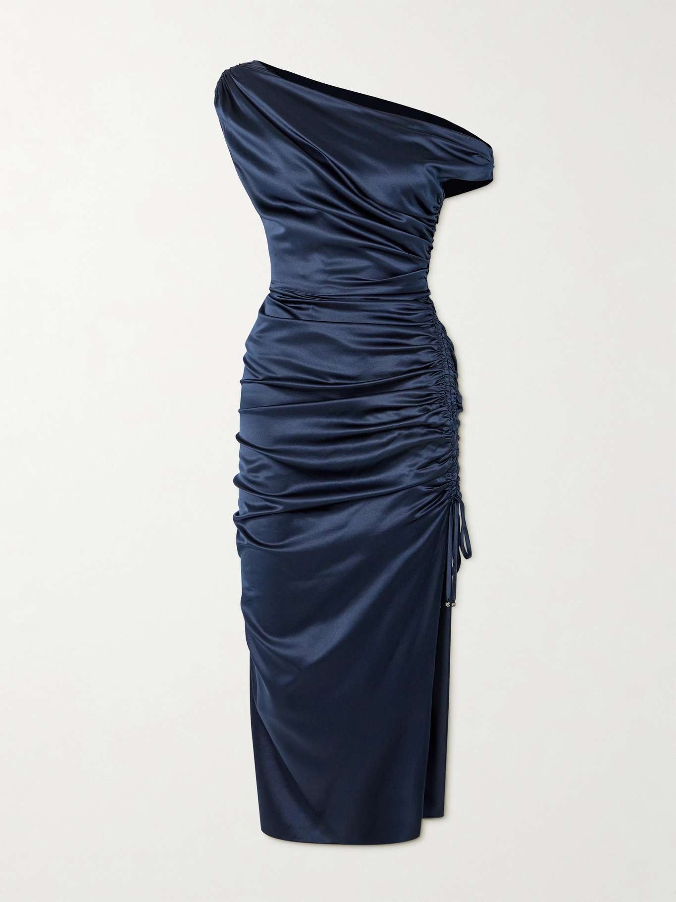 Kadie asymmetric ruched stretch-silk satin midi dress - 1