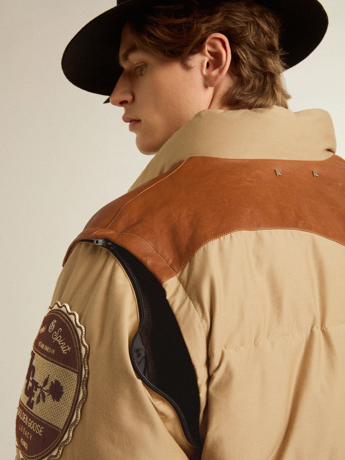 Beige bomber jacket with leather and patch details - 6