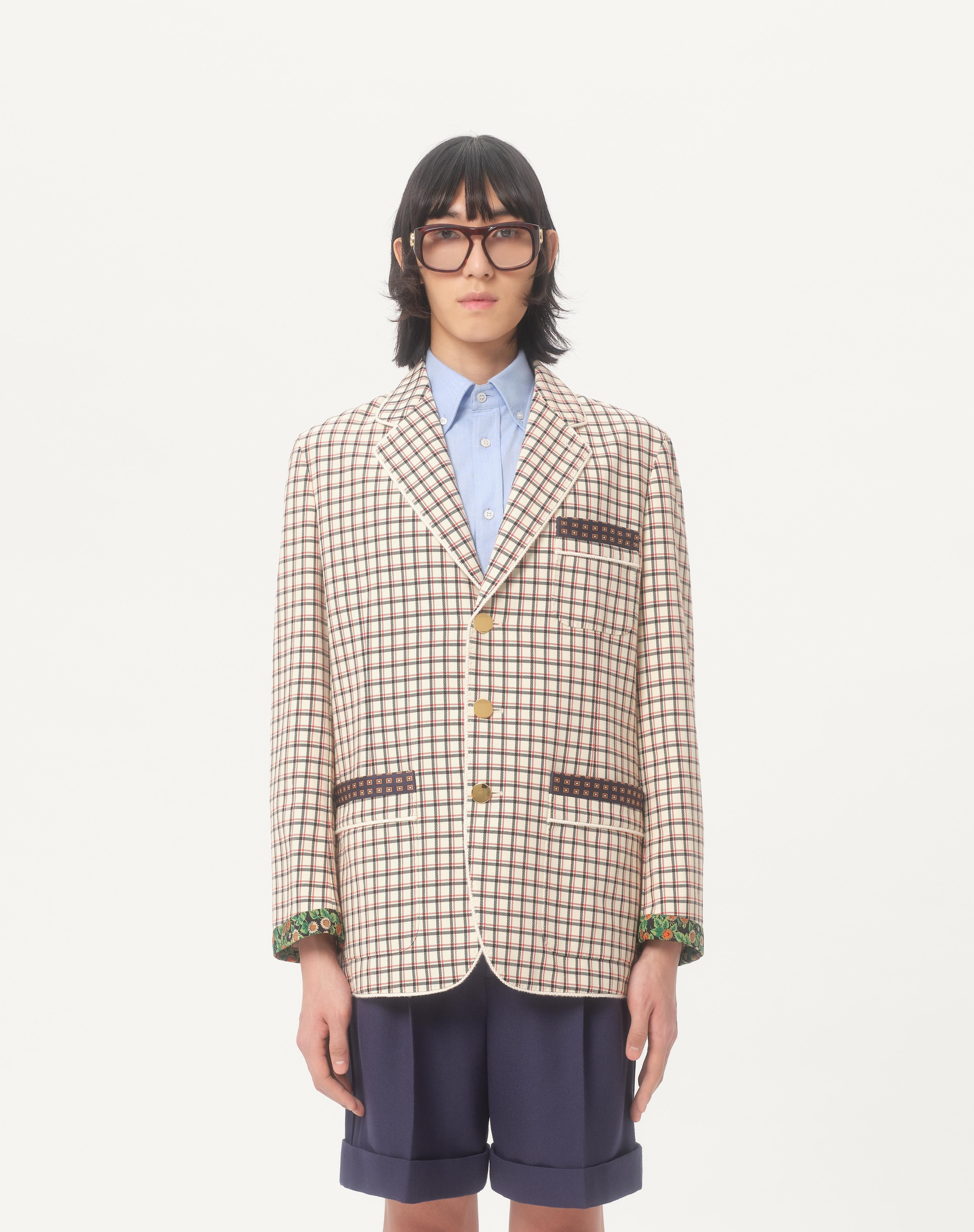 SINGLE-BREASTED COTTON JACKET WITH CHECK PATTERN AND PRINTED EDGES - 4