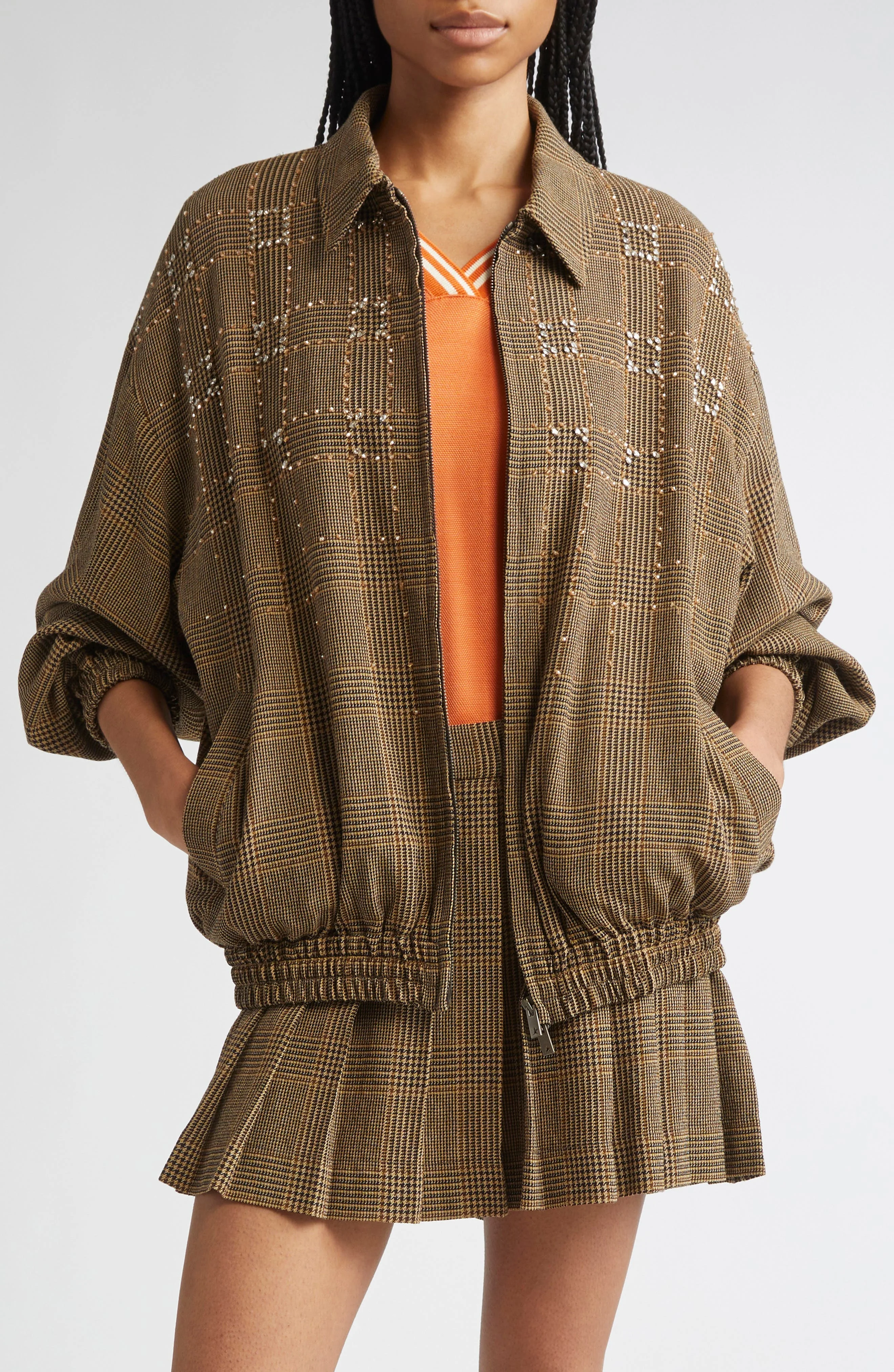 Golden Goose Journey Glen Plaid Crystal Embellished Wool Bomber in Brown/Beige at Nordstrom - 1