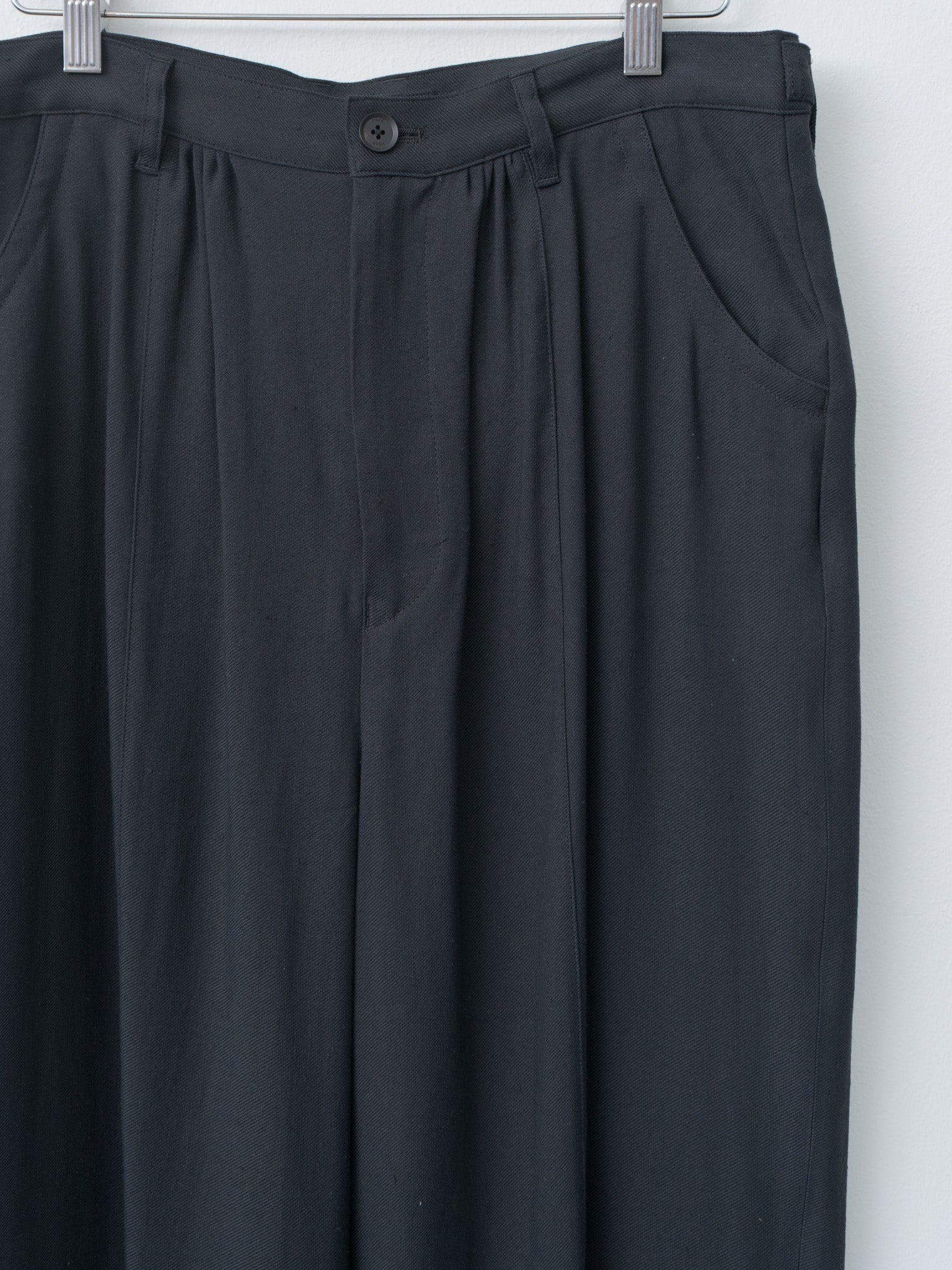 Linen Acetate Front Gather Wide Trousers - Black - 5