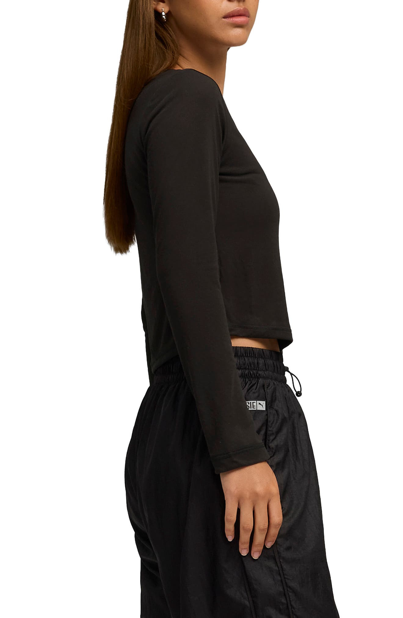 PUMA x Rosé Slim Fit Long Sleeve Crop T-Shirt in Puma Black at Nordstrom - 3