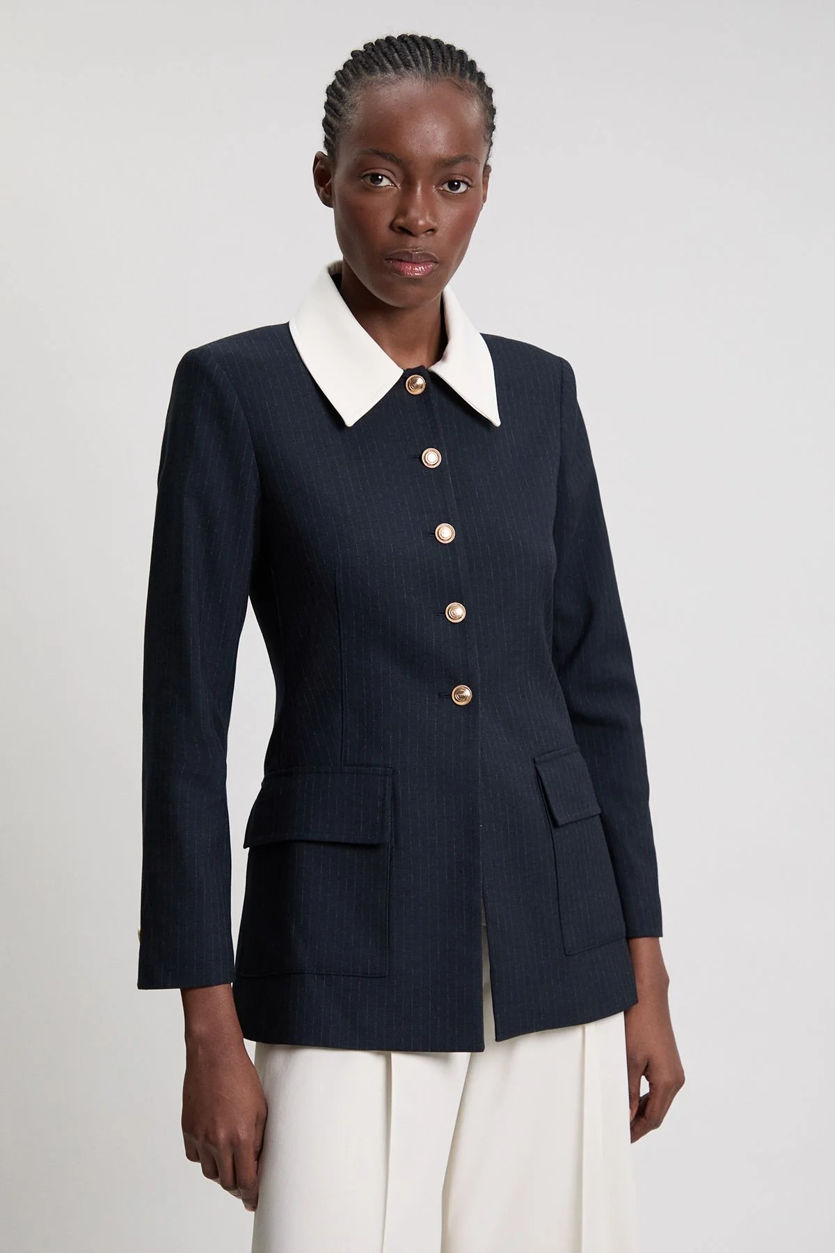 Pinstripe High Neck Tailored Single Breasted Jacket - 1