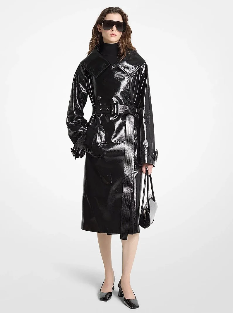 Crackled Leather Portrait Collar Trench Coat - 1