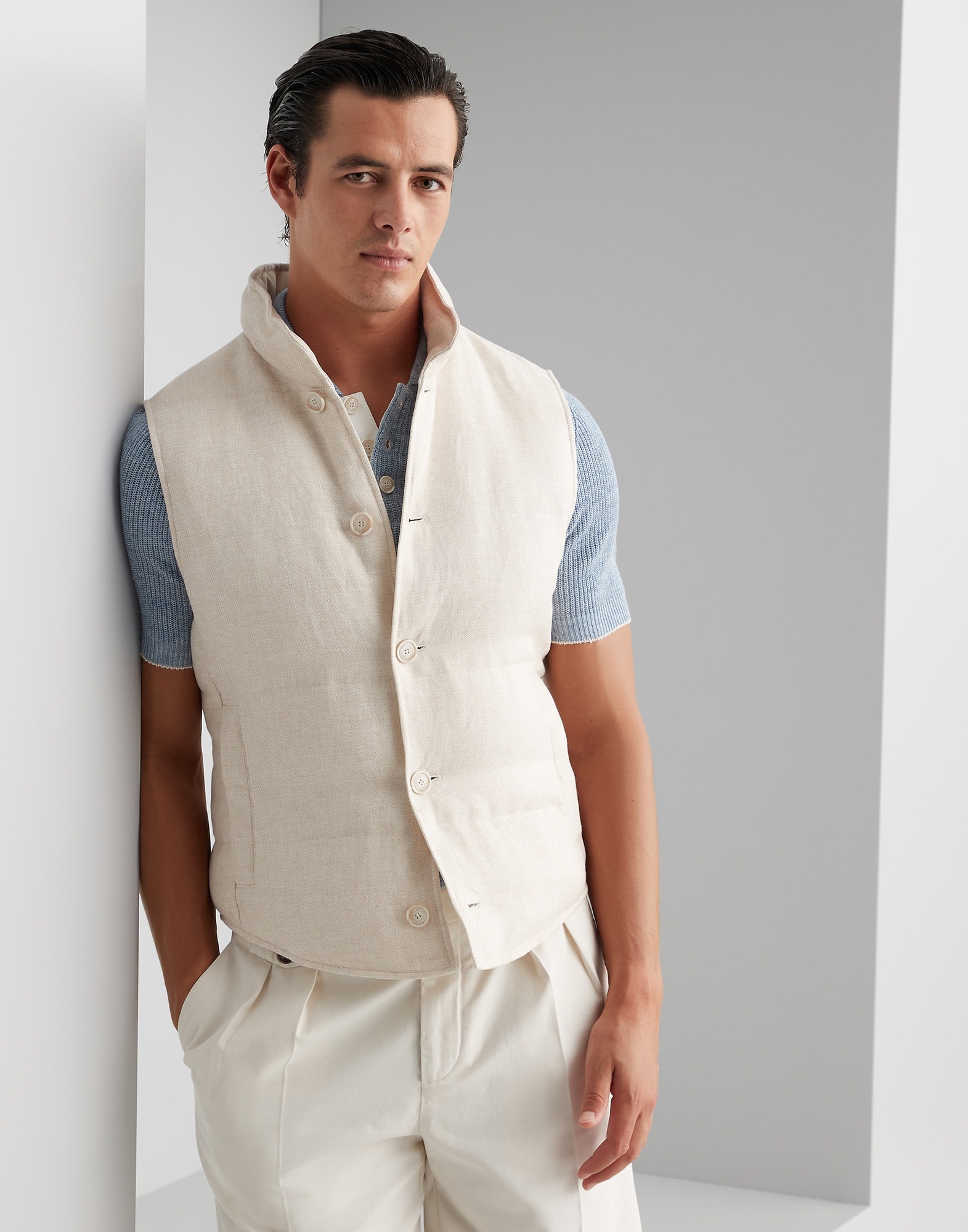 Linen, wool and silk diagonal down vest - 1