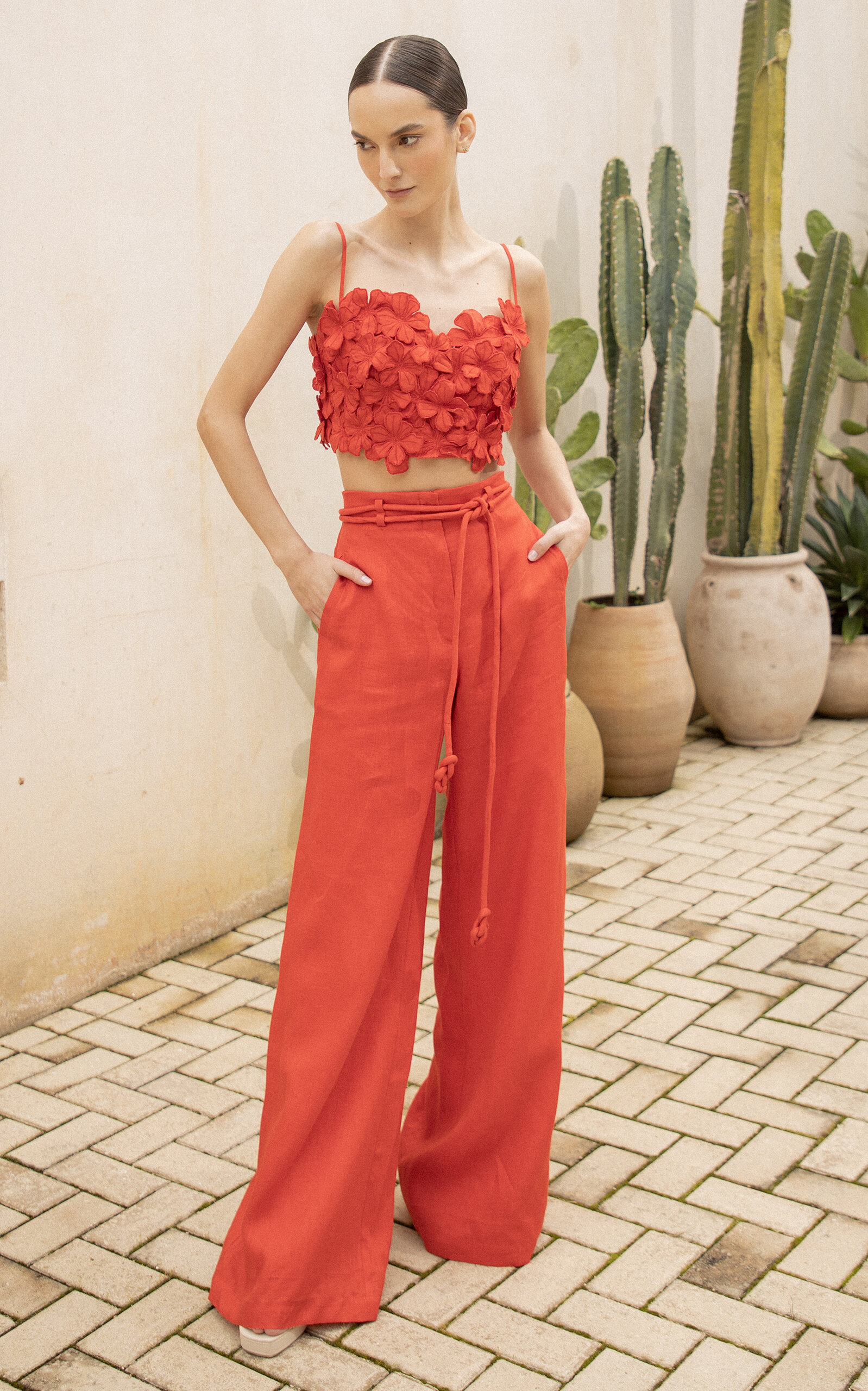 Oda Al Jardin Belted Linen Wide-Leg Pants red - 3