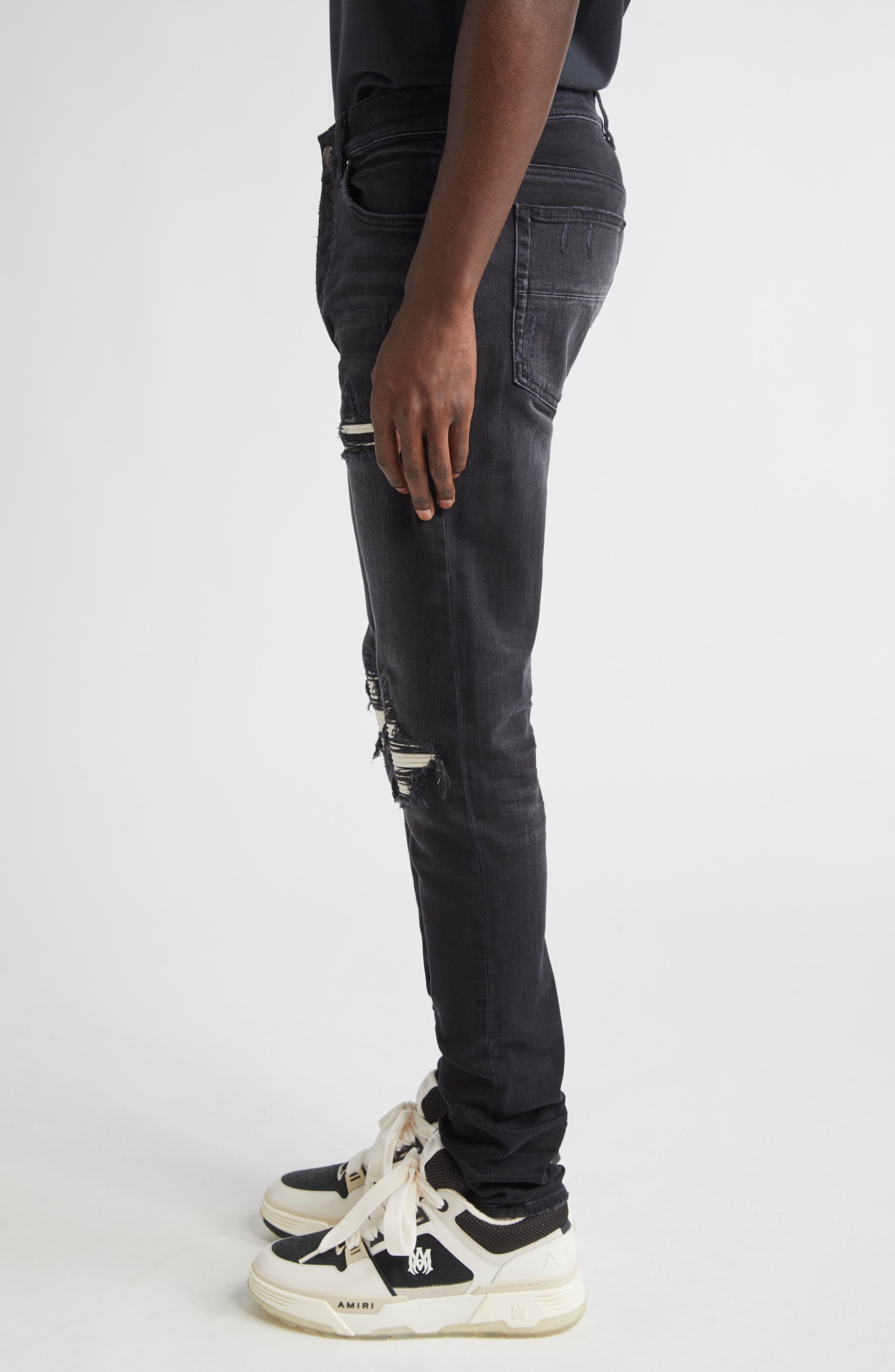 AMIRI MX1 Ultrasuede Patched Skinny Jeans in Vintage Black at Nordstrom - 4