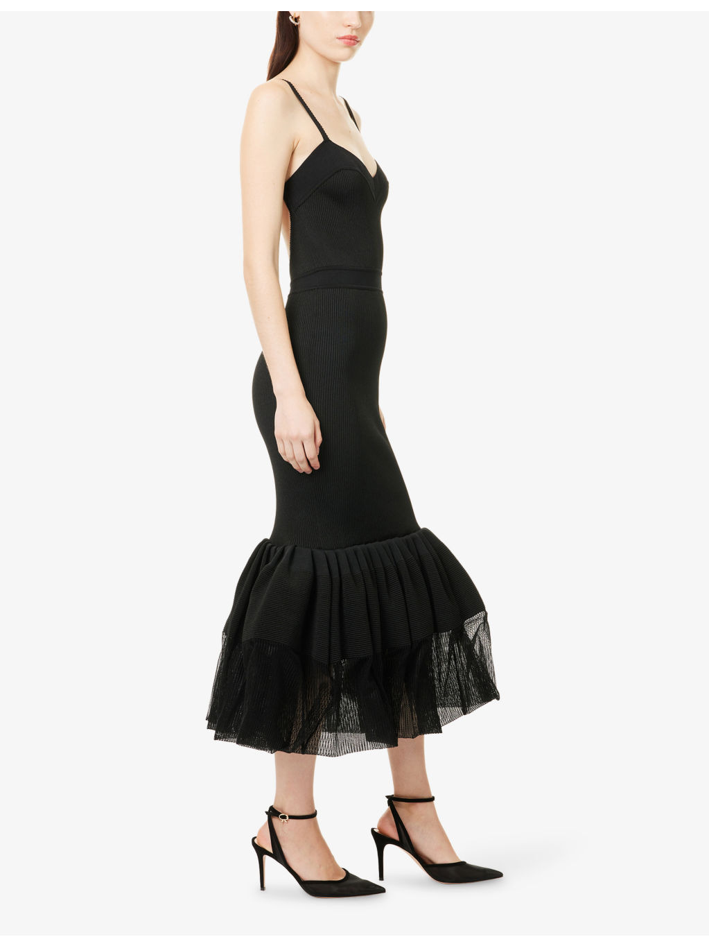 Ruffled Shoulder-Straps Knitted Maxi Dress - 3