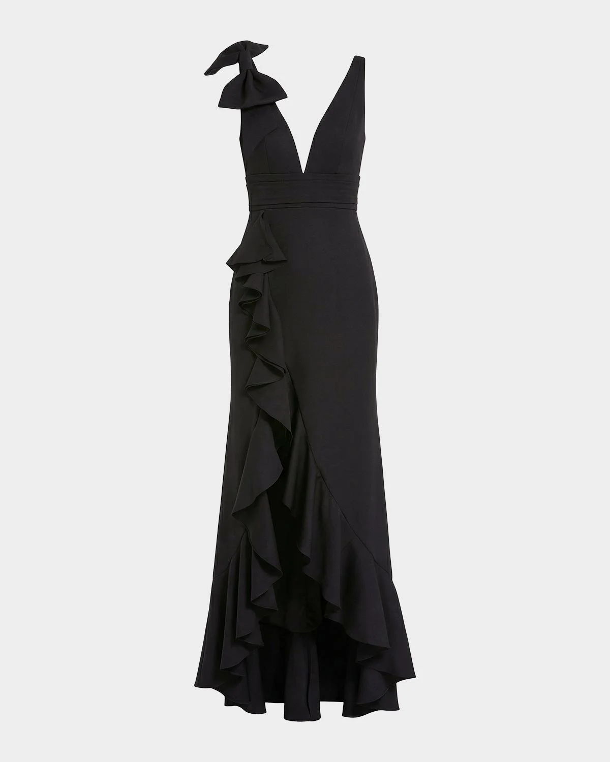 Plunging High-Low Ruffle Crepe Gown - 1