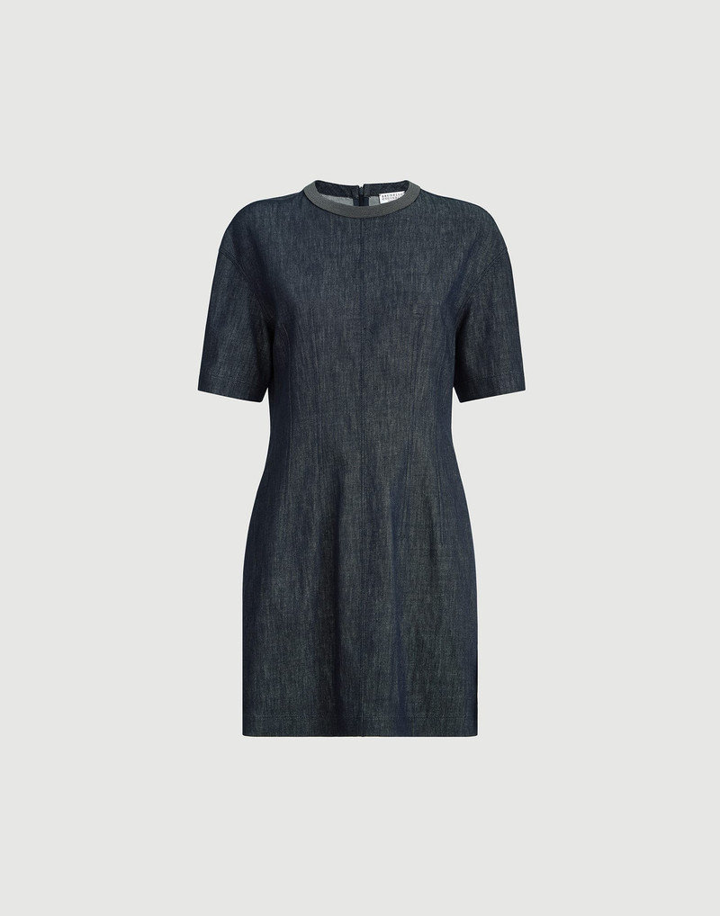 Cotton denim-effect twill t-shirt dress with precious collar 1